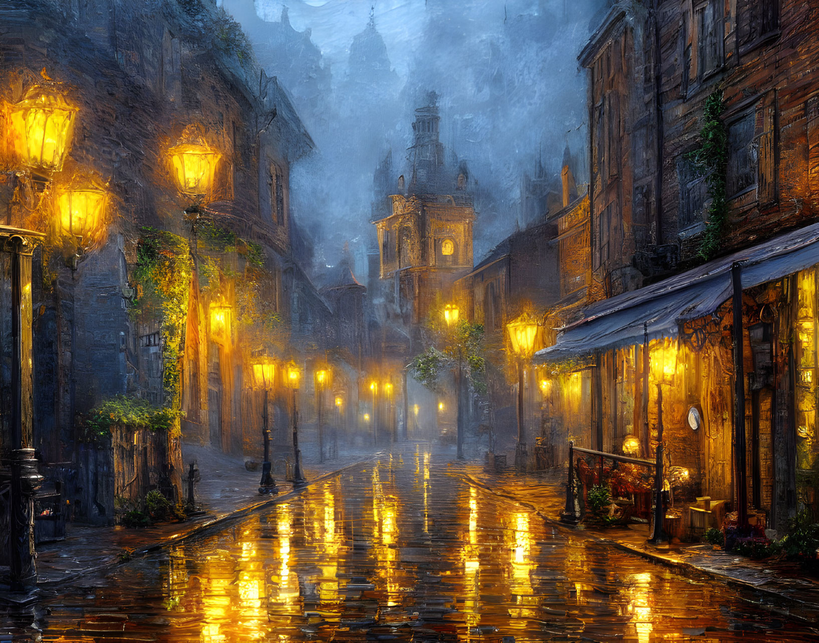 Glowing street lamps on rain-soaked cobblestone street