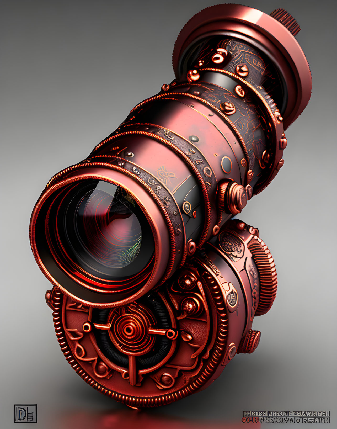 Detailed Steampunk-Style Camera with Red and Bronze Metallic Embellishments