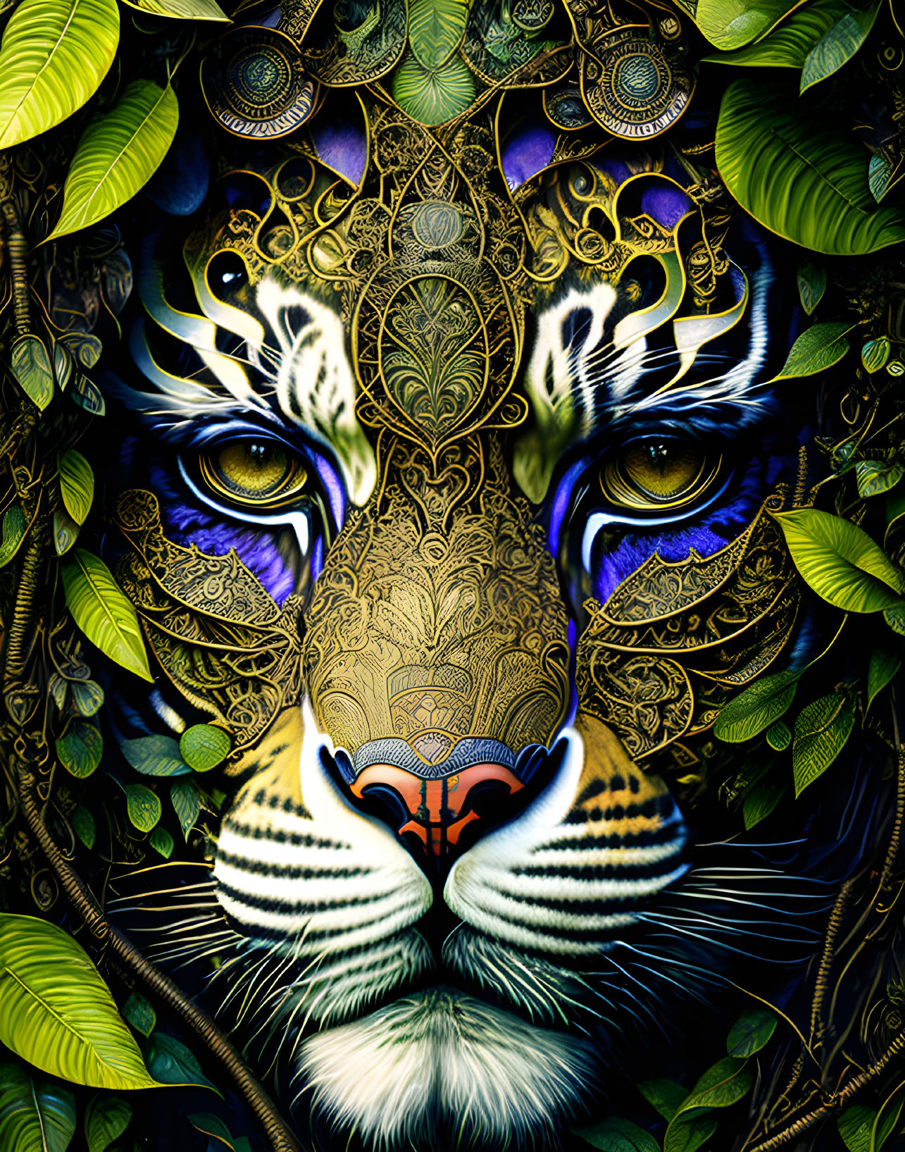 Detailed Tiger Face Illustration with Filigree Patterns and Purple Hues