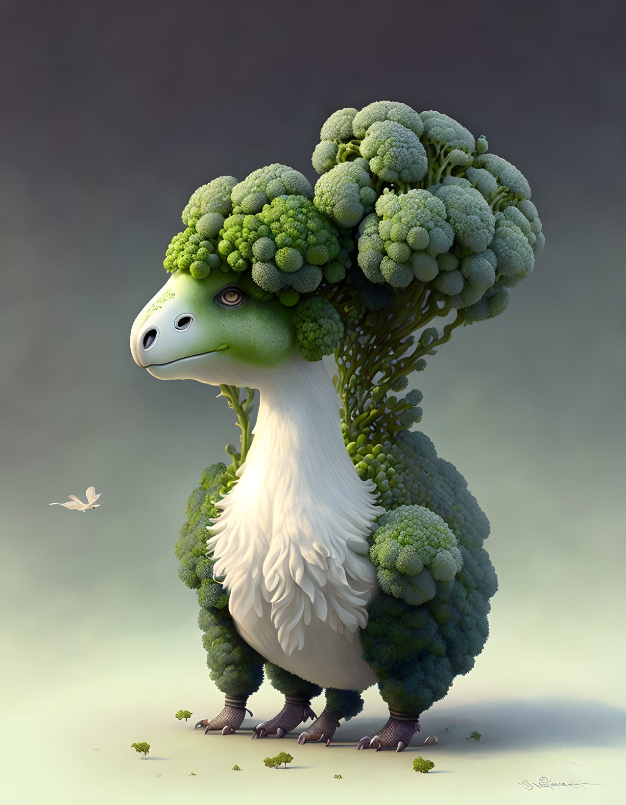 Imaginative creature with bird-like body and broccoli head.