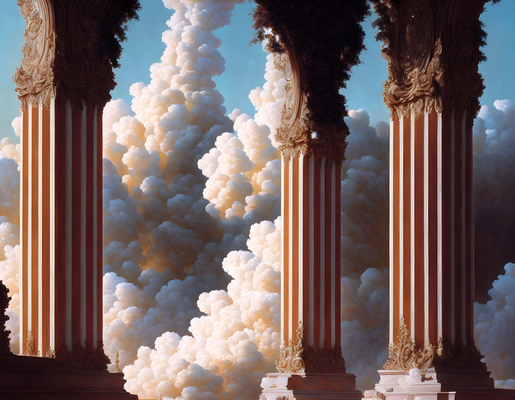 Classical columns with billowing clouds against blue sky