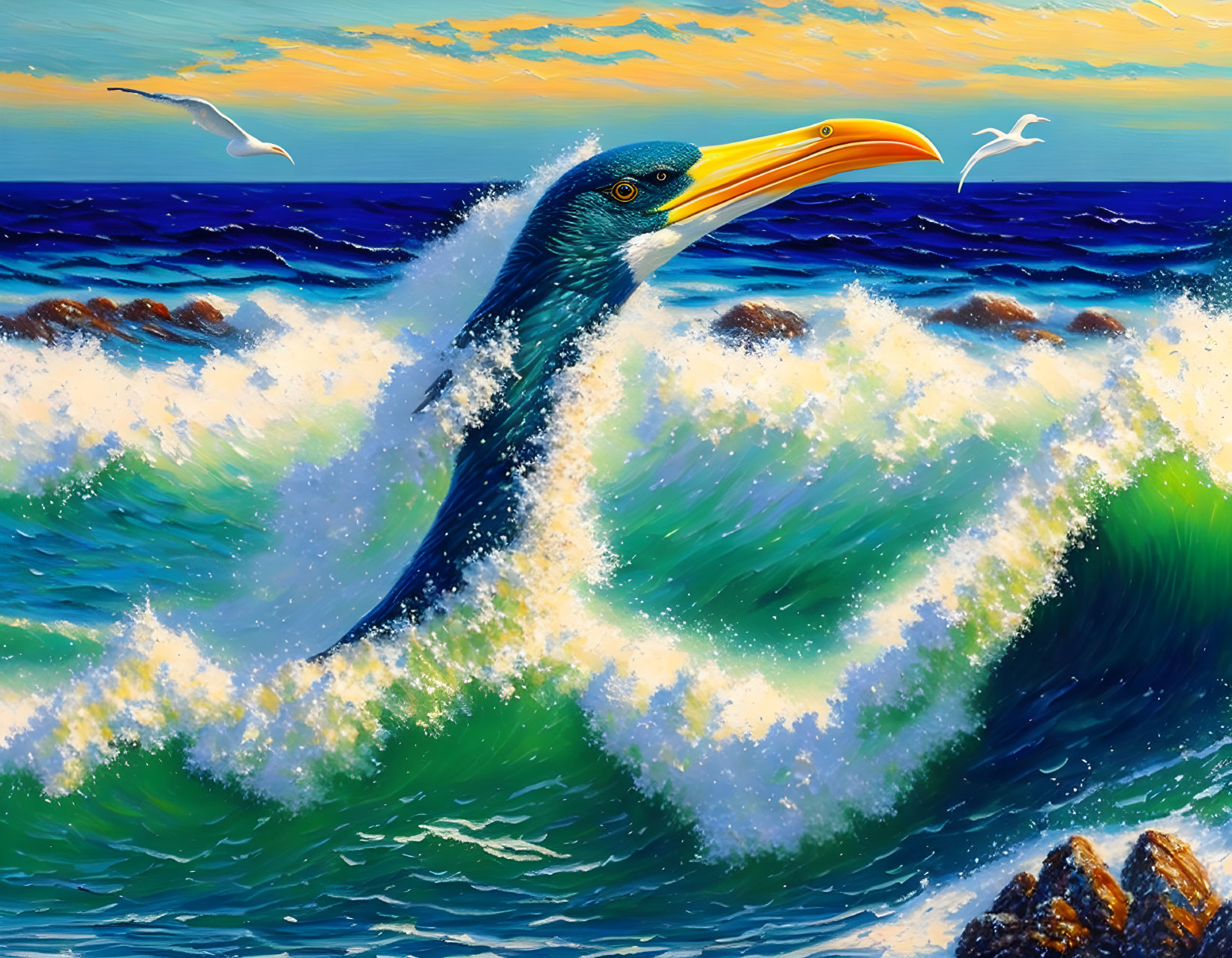 Colorful art: Cormorant in ocean waves with seagulls at sunset