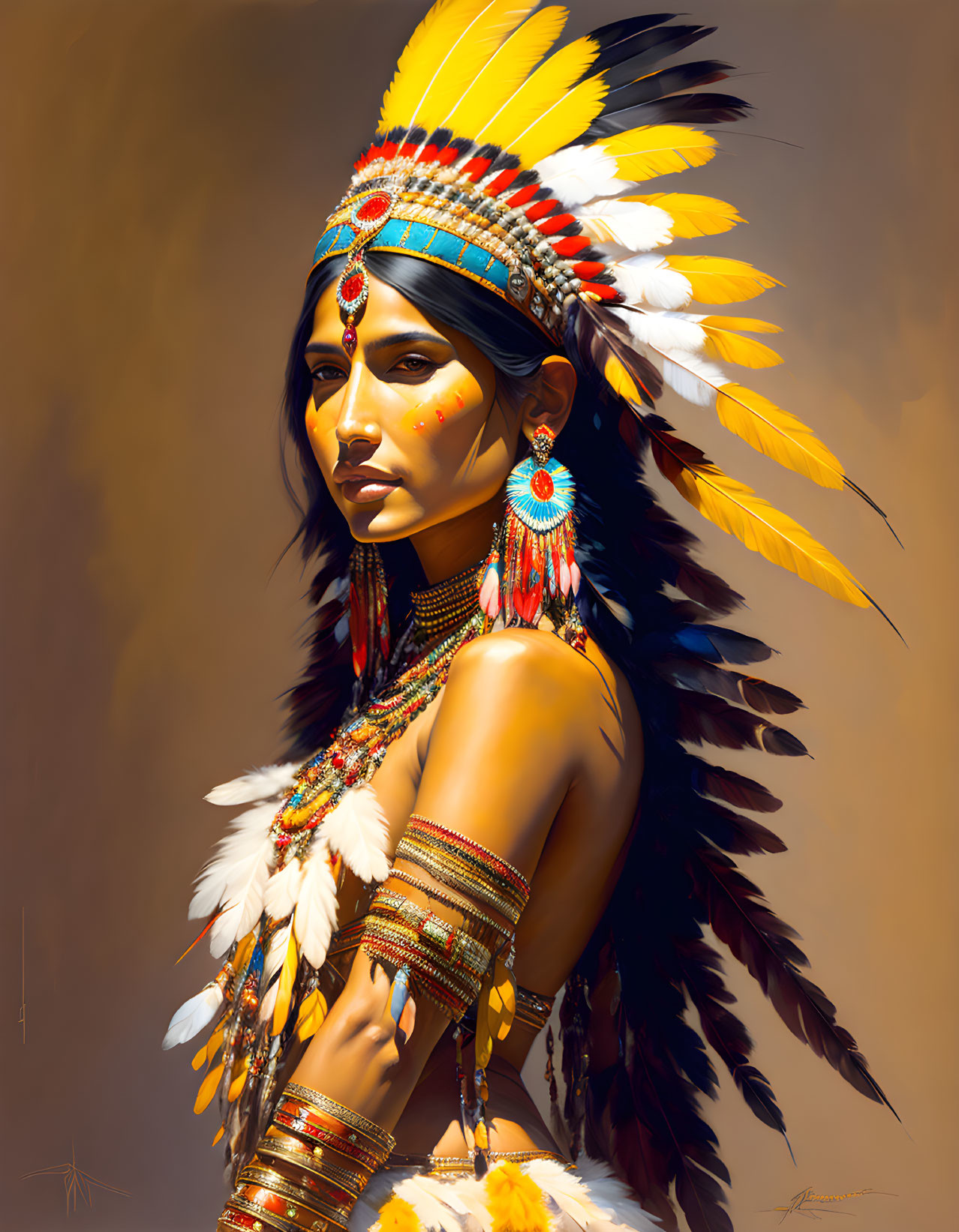 Native American woman in headdress with feathers and beads on warm background