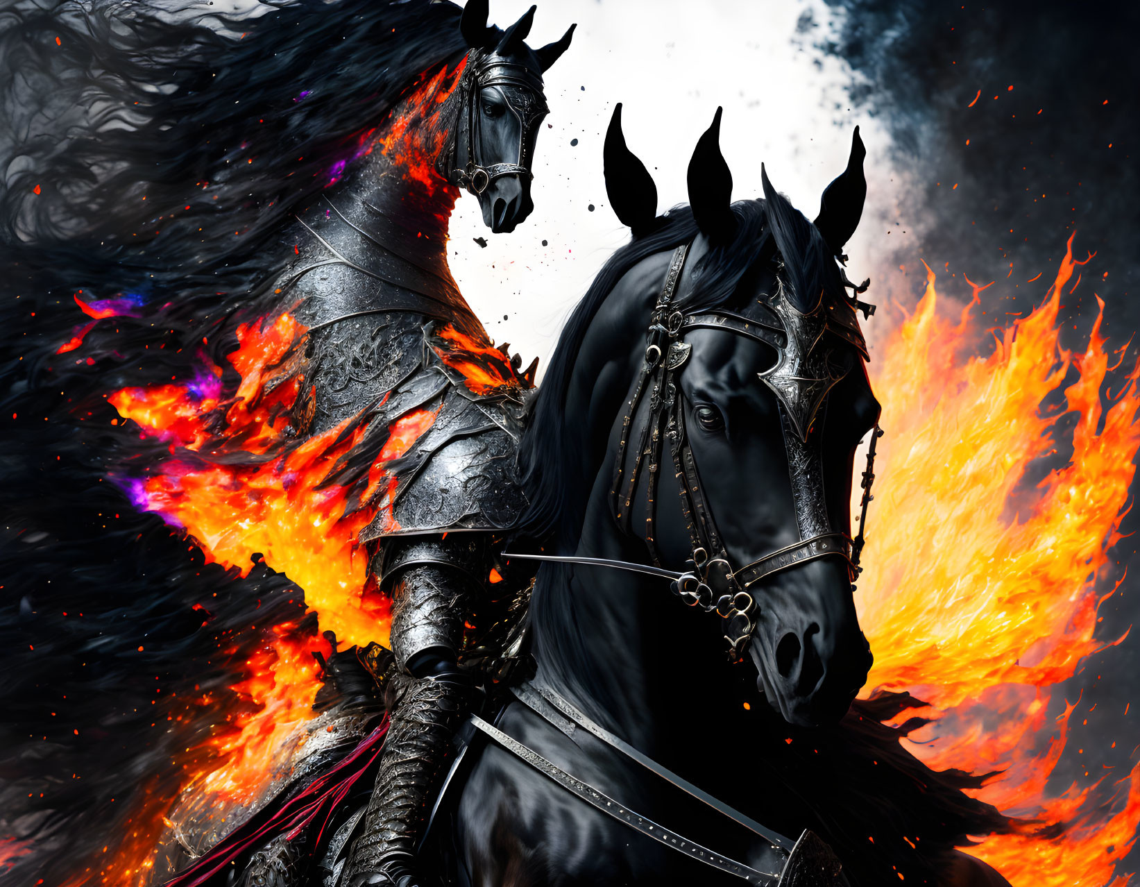 Dark-armored knight on black horse with fiery wings in smoky background