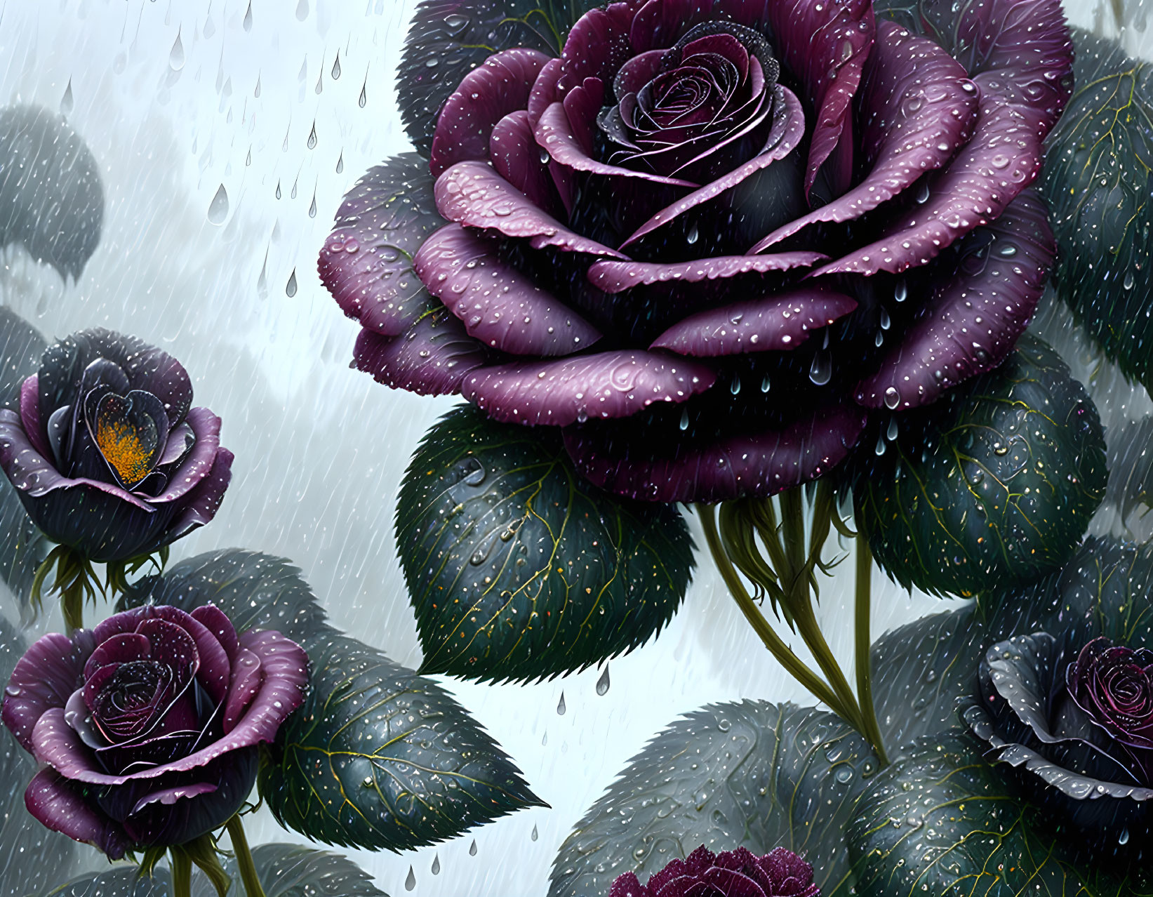 Dark Purple Roses with Water Droplets in Rainy Atmosphere