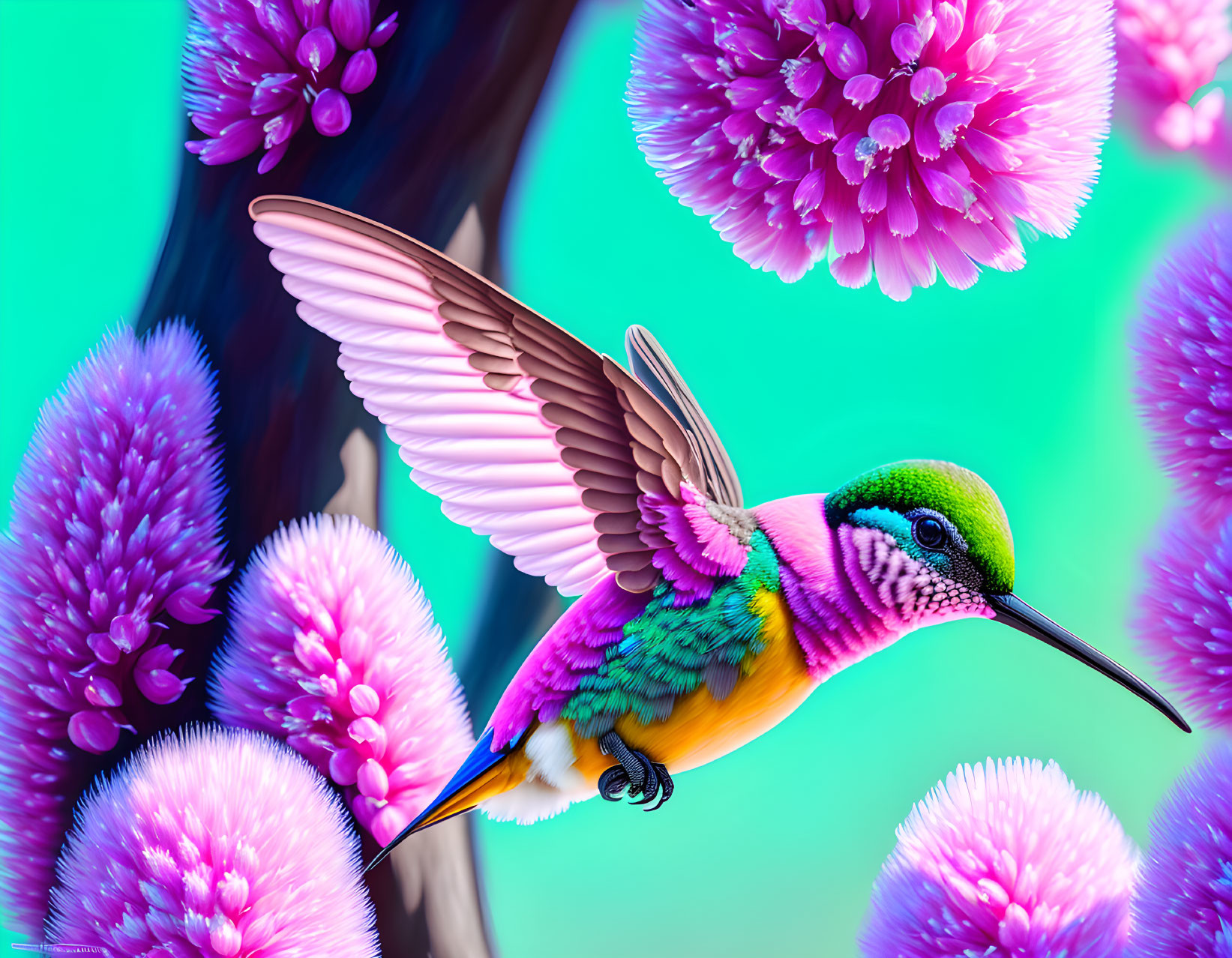 Colorful Hummingbird Hovering Among Pink Flowers on Turquoise Background