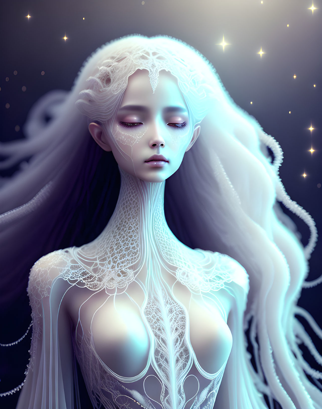 Pale figure in lace attire against starry backdrop