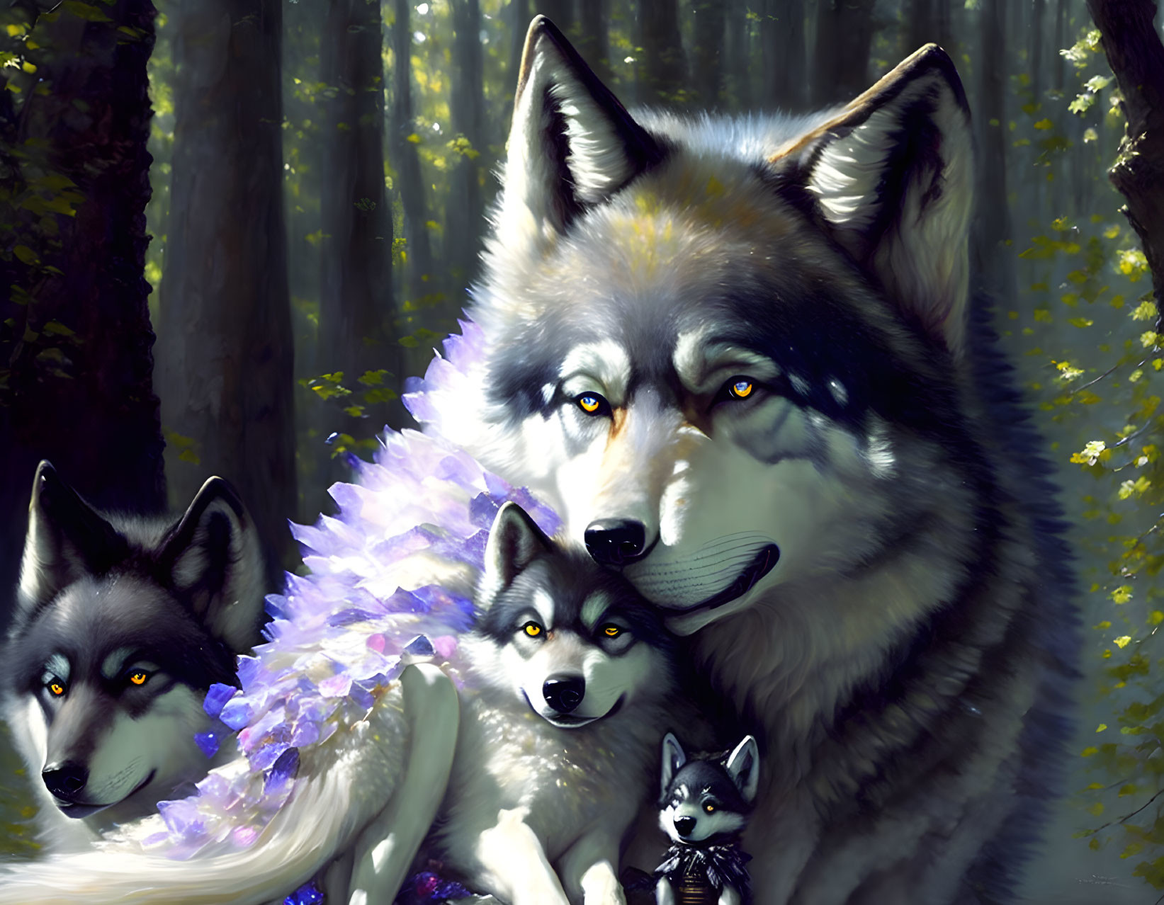 Digital illustration of majestic alpha wolf with family in sunlit forest