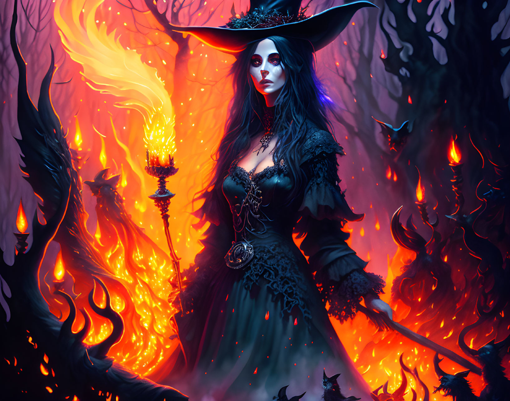 Gothic woman in black dress with flaming torch in fiery forest