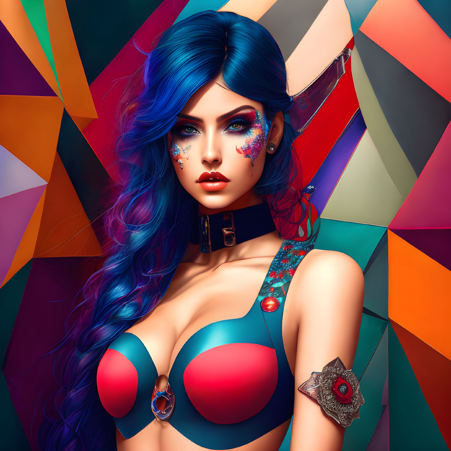 Colorful Digital Art: Female with Blue Hair & Striking Makeup on Geometric Background