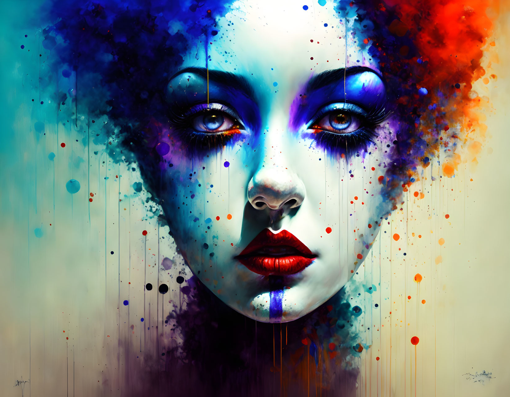 Colorful digital portrait with paint effects highlighting woman's features