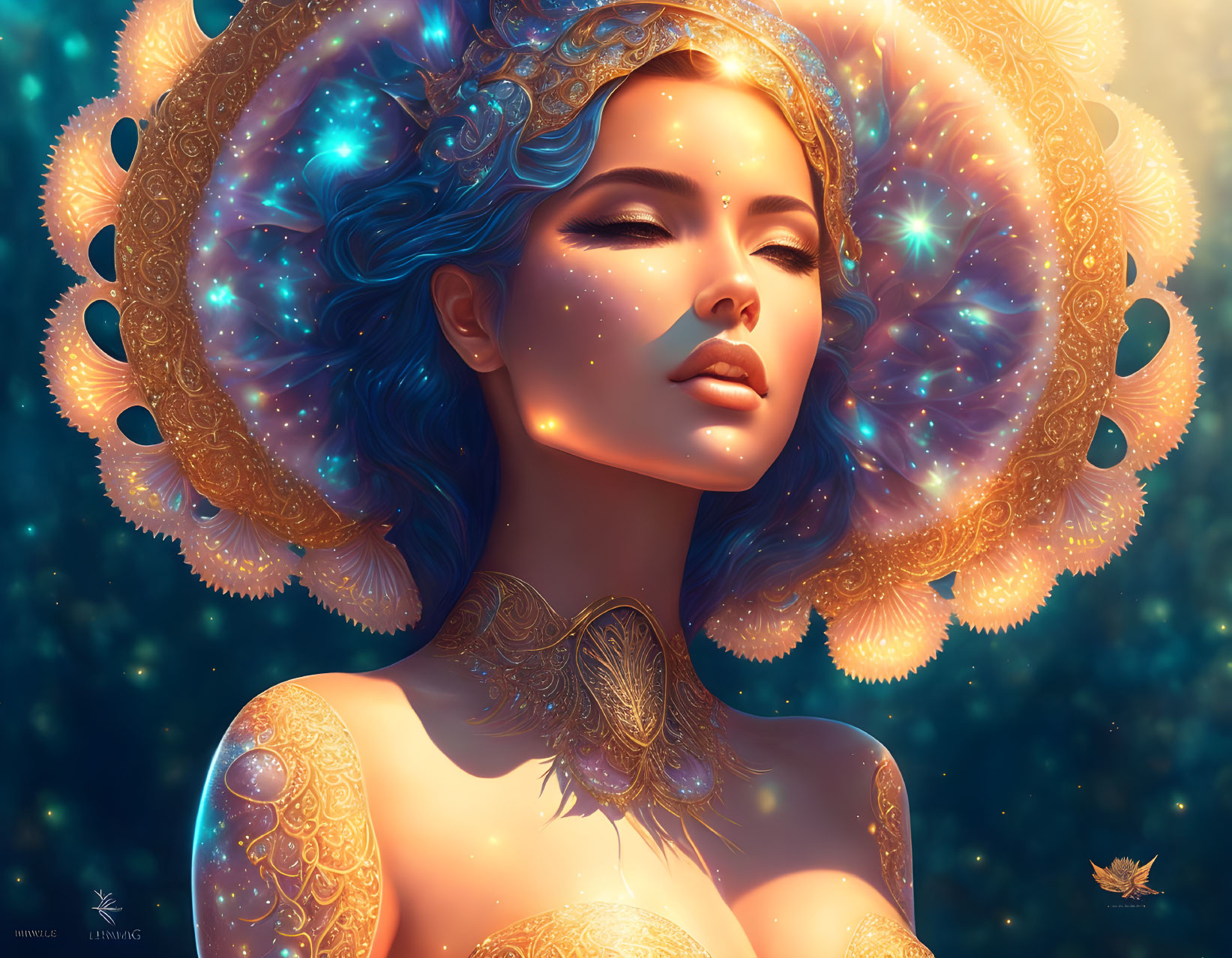 Celestial-themed digital artwork of a woman with starry halo and golden jewelry