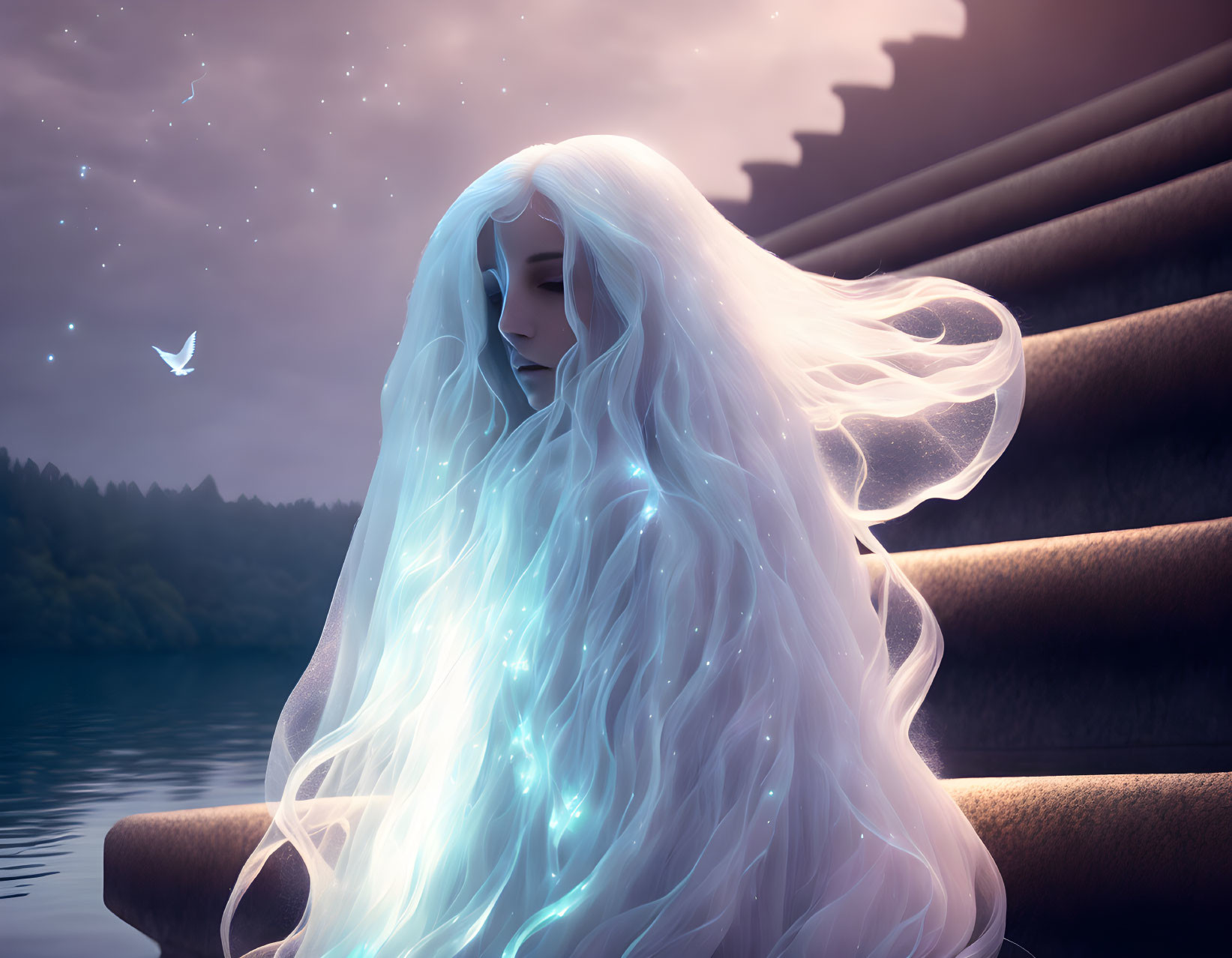 Mystical figure with white hair by lake at twilight