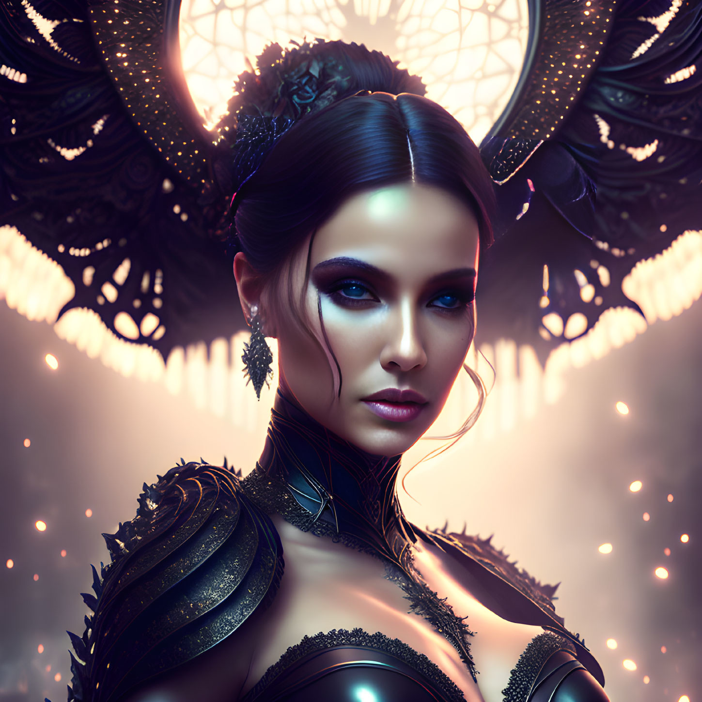 Digital artwork: Woman with blue eyes, black headdress, armor, mystical backdrop