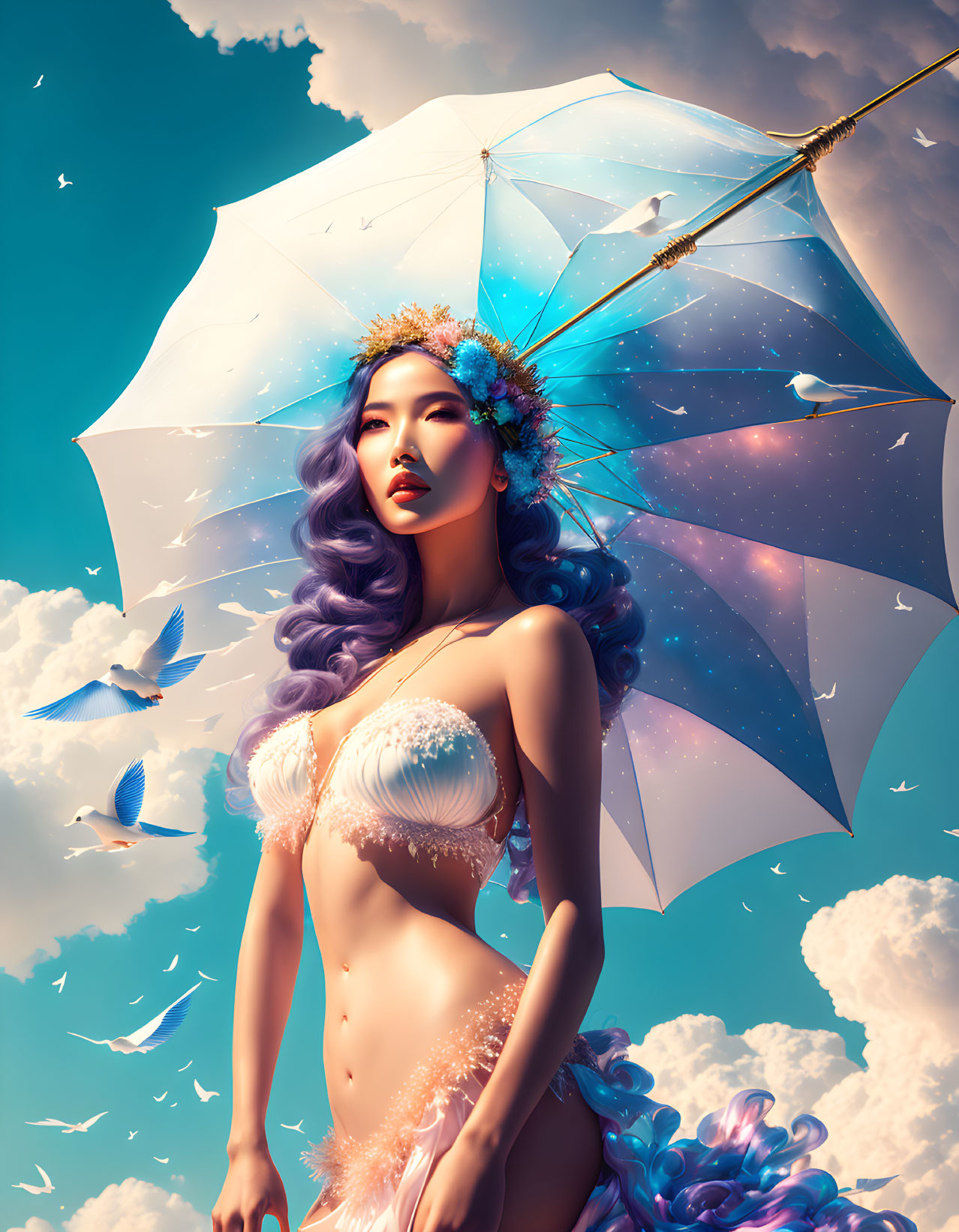 Purple-haired woman with umbrella surrounded by birds and butterflies in cloudy sky