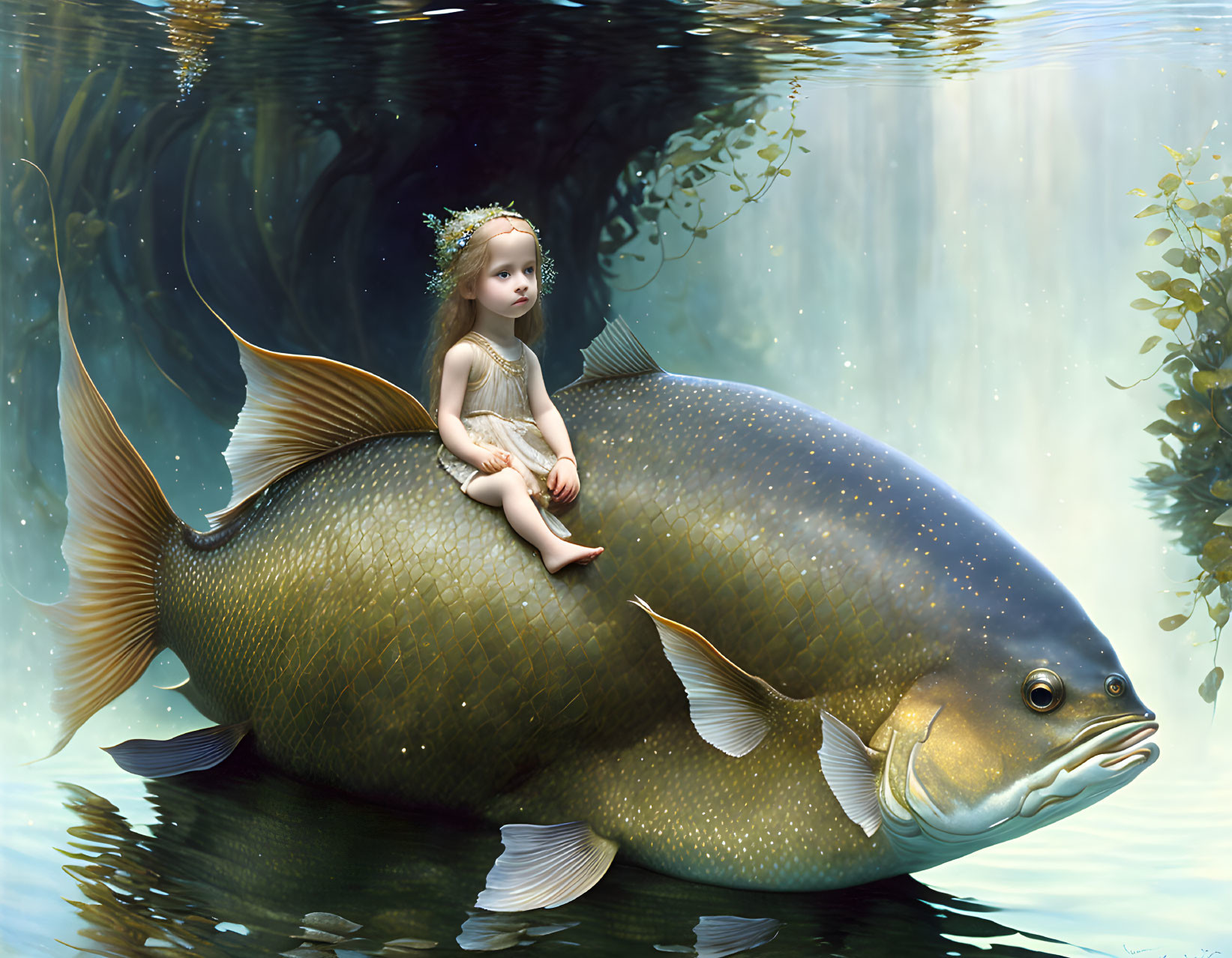 Young girl on giant fish in serene underwater scene