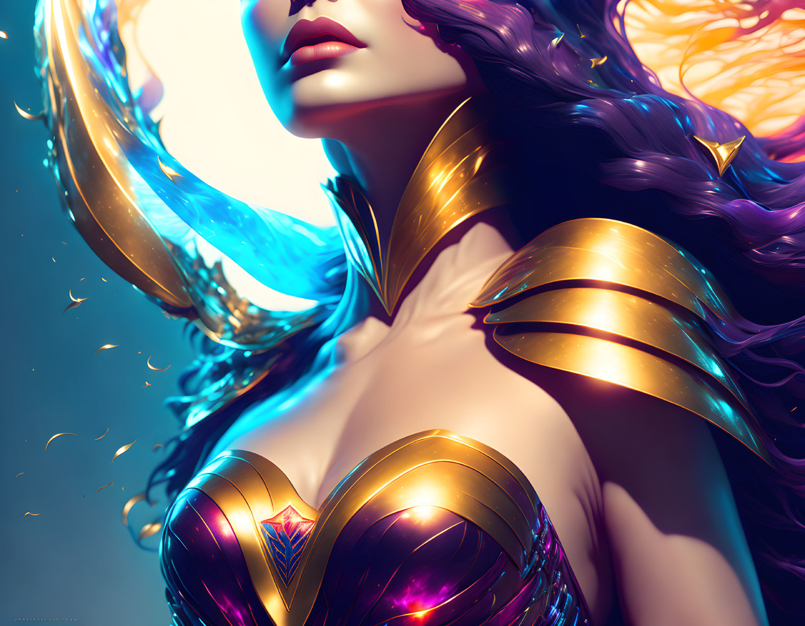 Colorful flowing hair and golden armor on a female character in bright setting