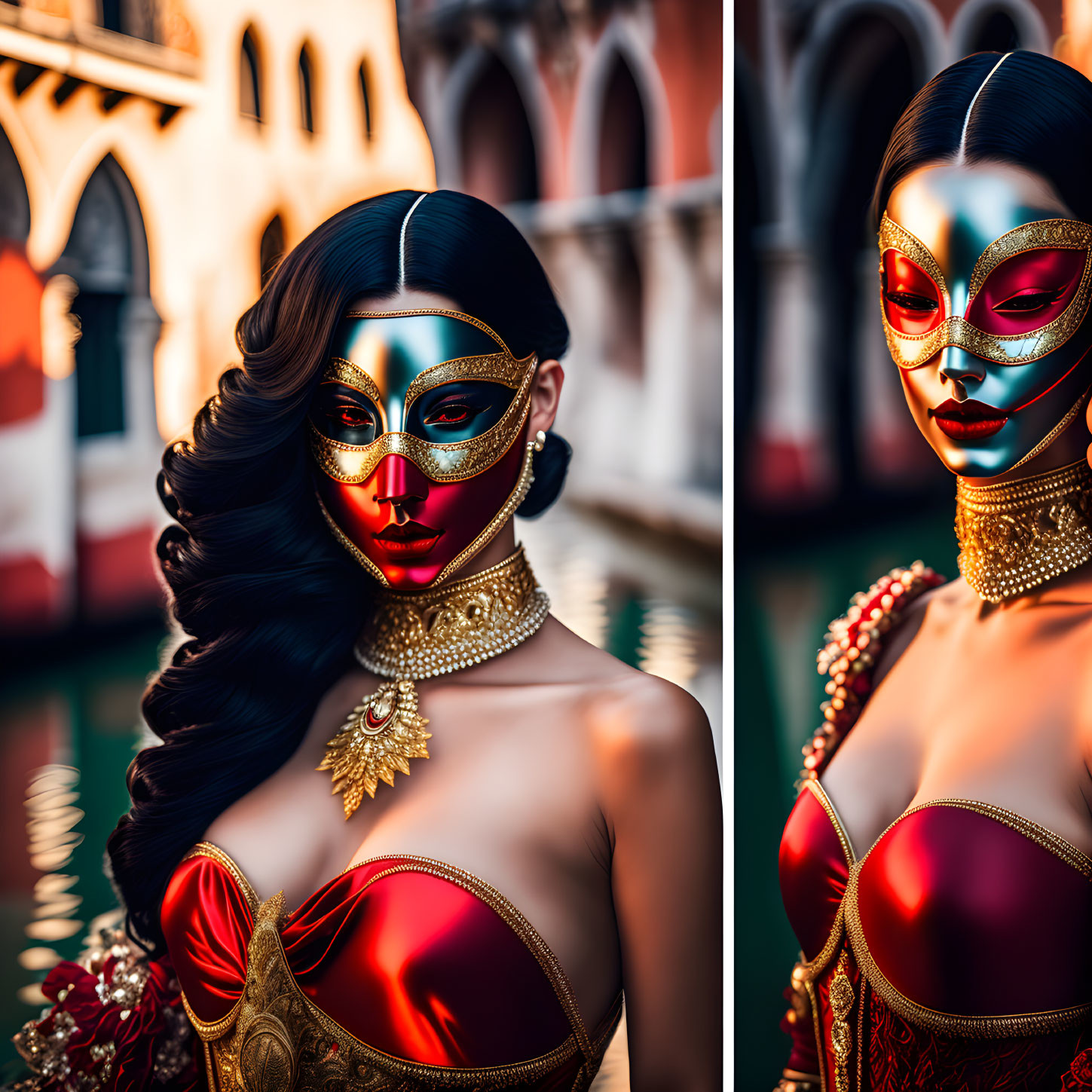 Woman in vibrant Venetian mask poses elegantly by canal.