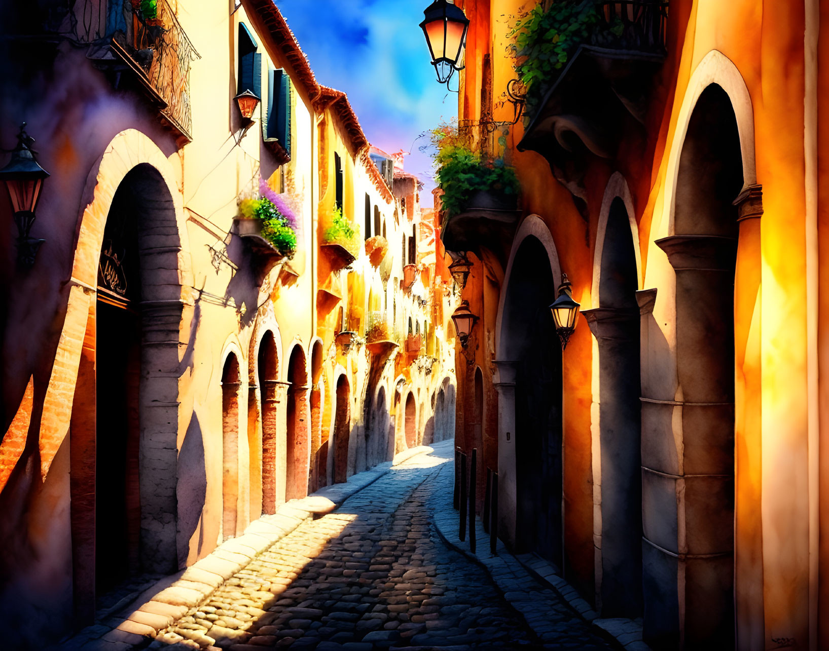 Old Buildings and Arches on Cobblestone Street with Lanterns