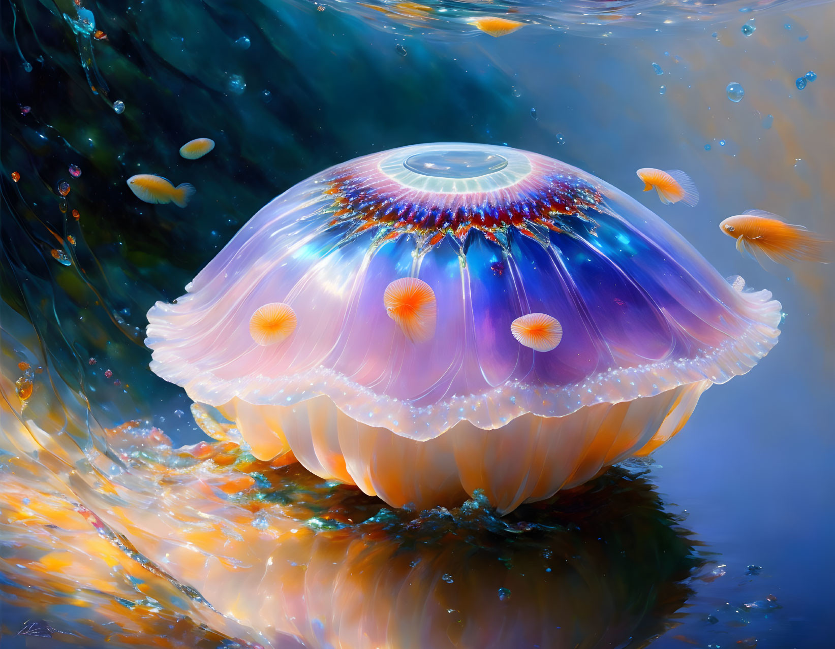 Colorful Jellyfish Surrounded by Fish in Underwater Digital Art