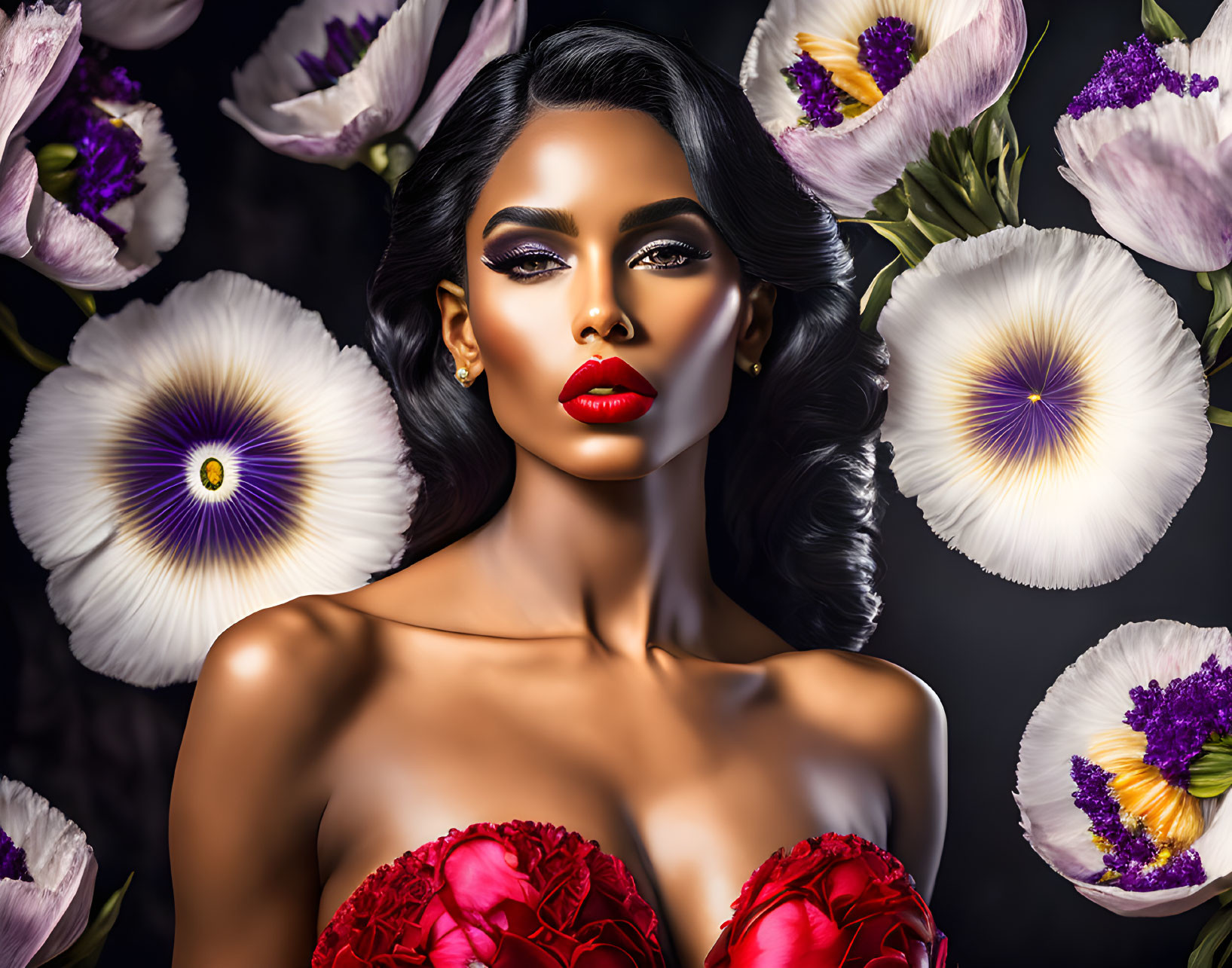 Glamorous woman with bold red lips in elegant attire among white and purple flowers