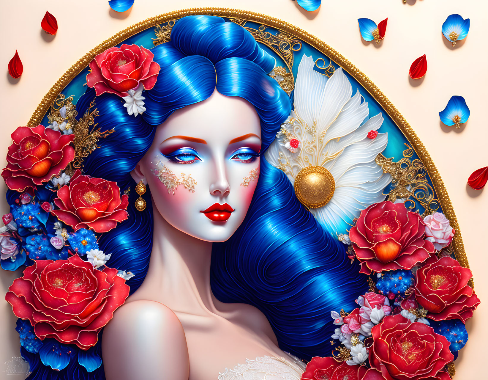 Colorful digital artwork featuring woman with blue hair in golden frame, red flowers, white feathers, and