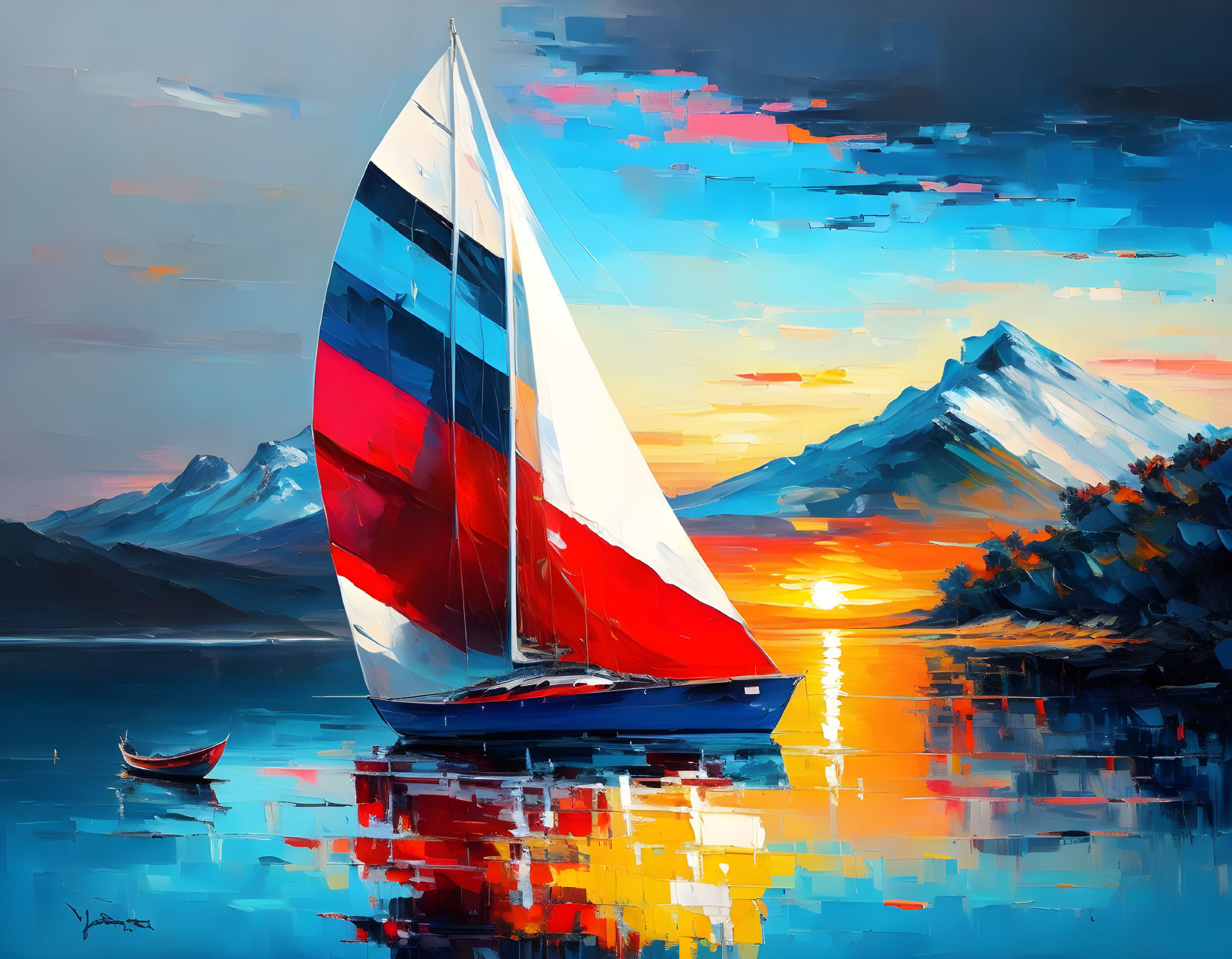 Colorful Sailboat Painting on Serene Lake at Sunset