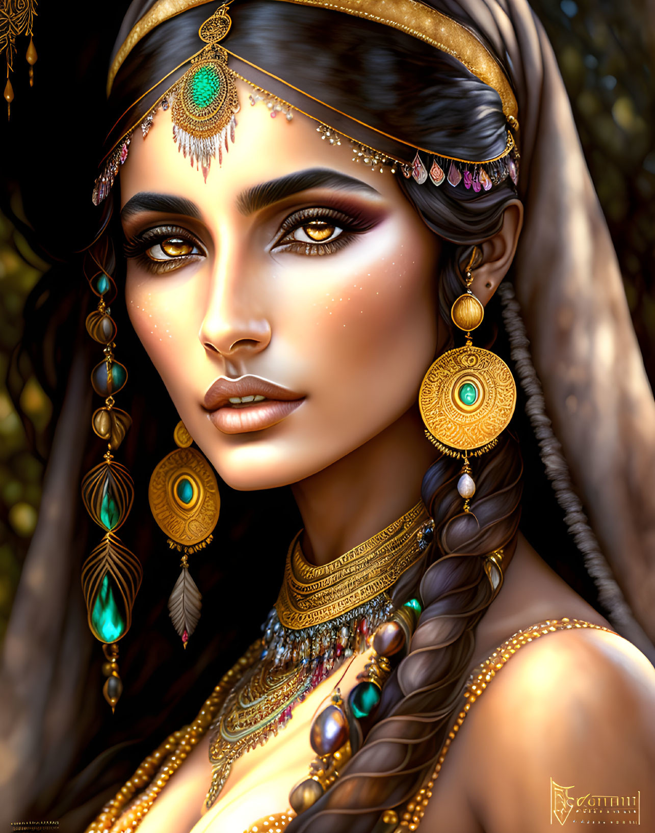 Illustrated Woman with Ornate Jewelry Against Nature Backdrop