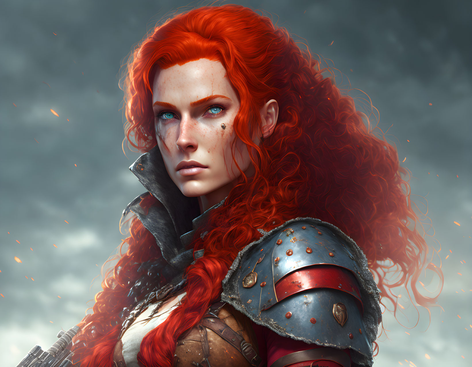 Fiery red-haired woman in armor under stormy sky with floating embers