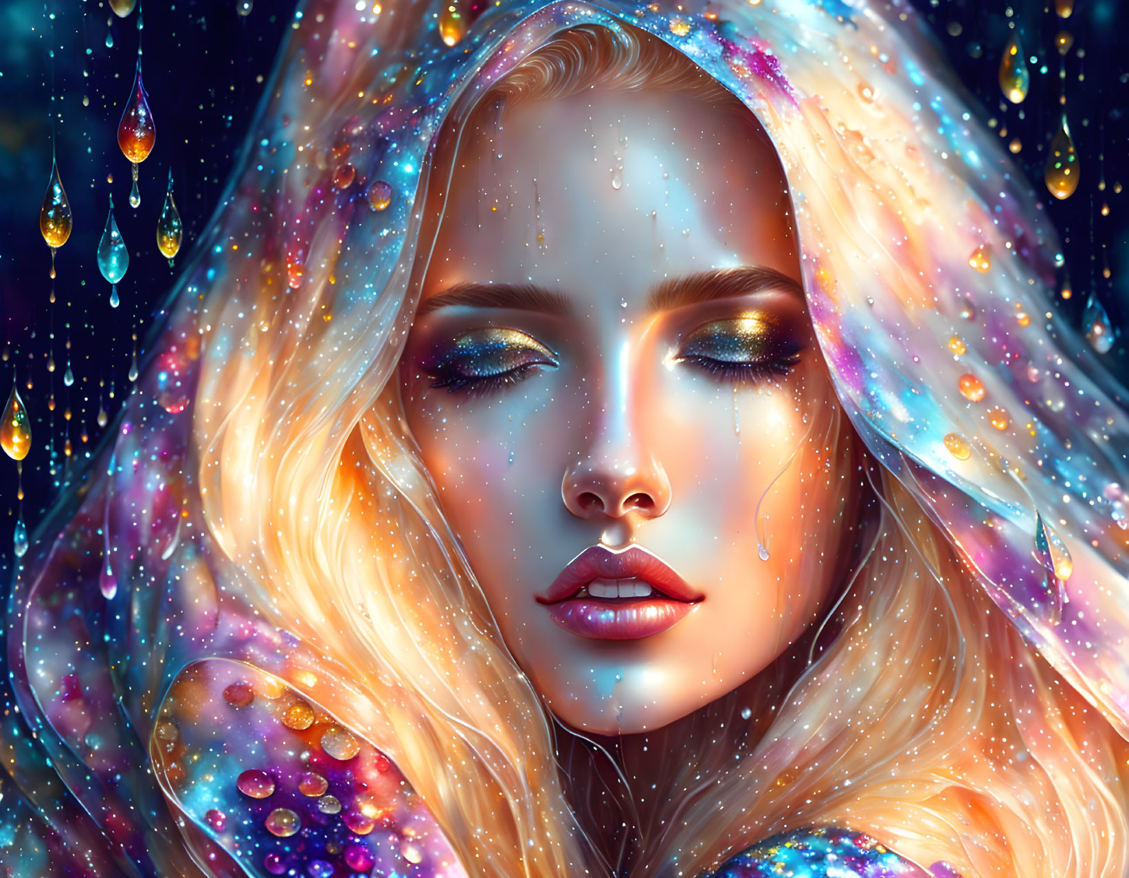 Vibrant cosmic-themed digital artwork of a woman blending into star-filled galaxy