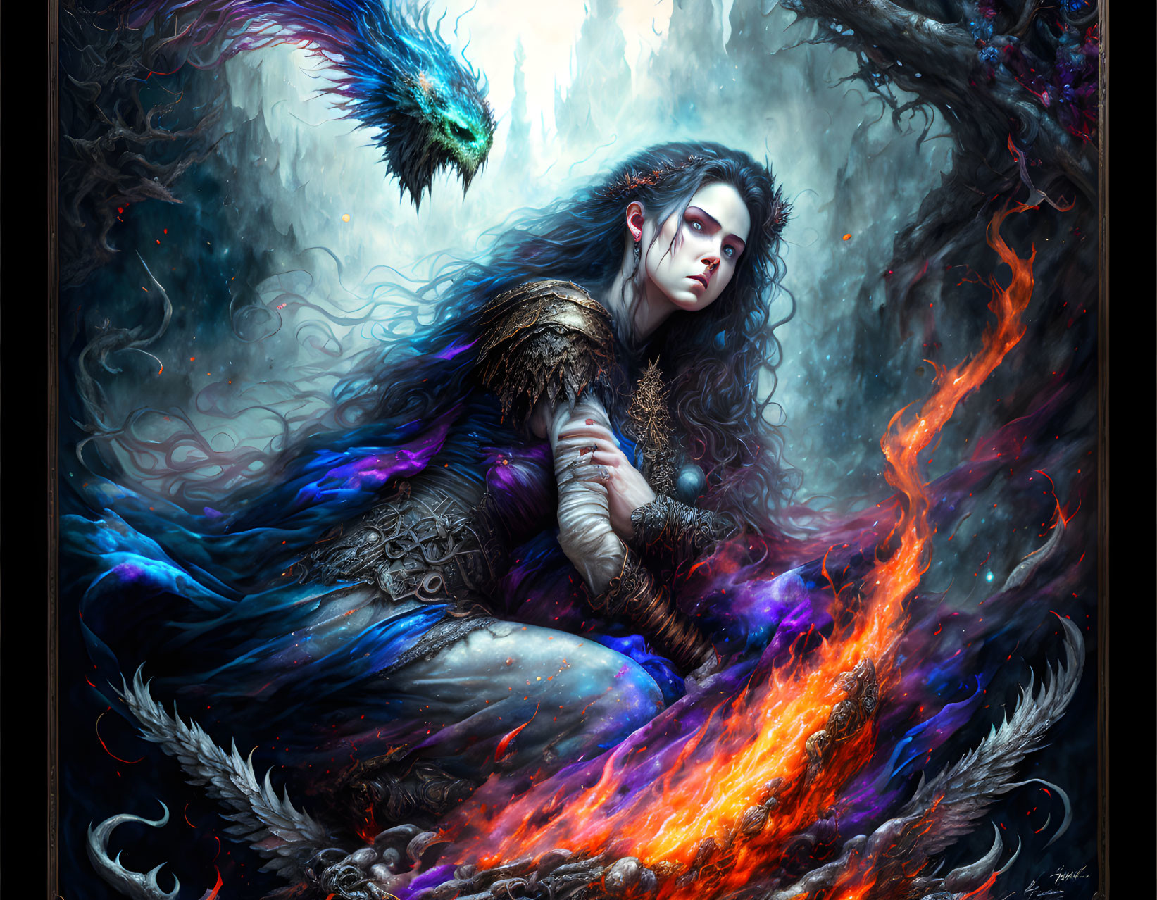 Fantasy-themed illustration of woman with mystical creatures and ice-fire elements.