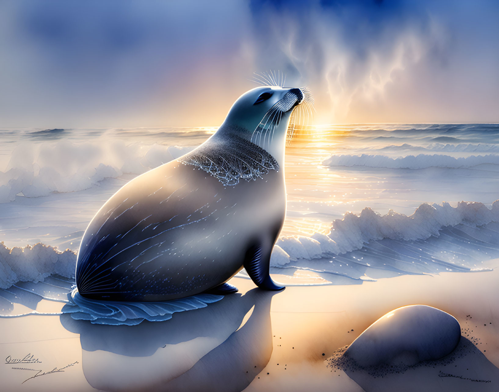 Seal resting on beach with glistening fur and ocean backdrop