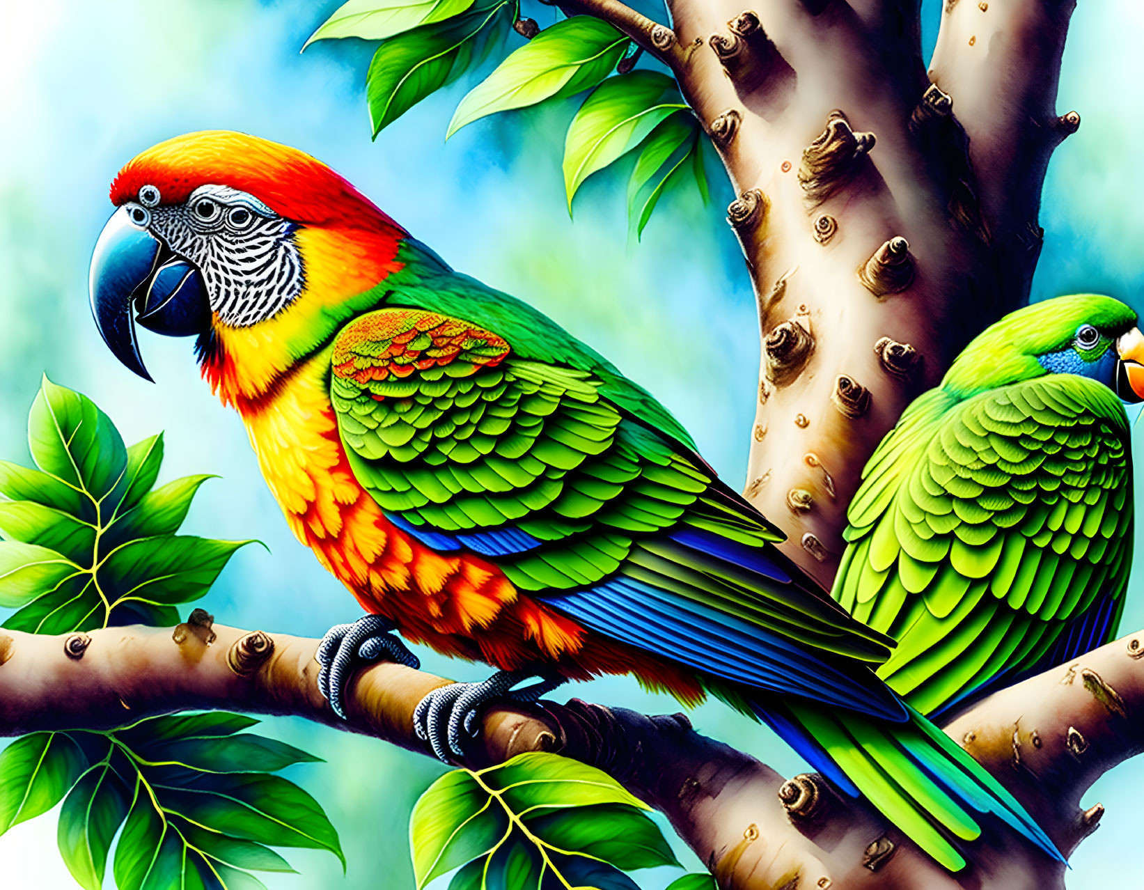 Colorful Parrots Perched on Tree Branch in Vibrant Illustration