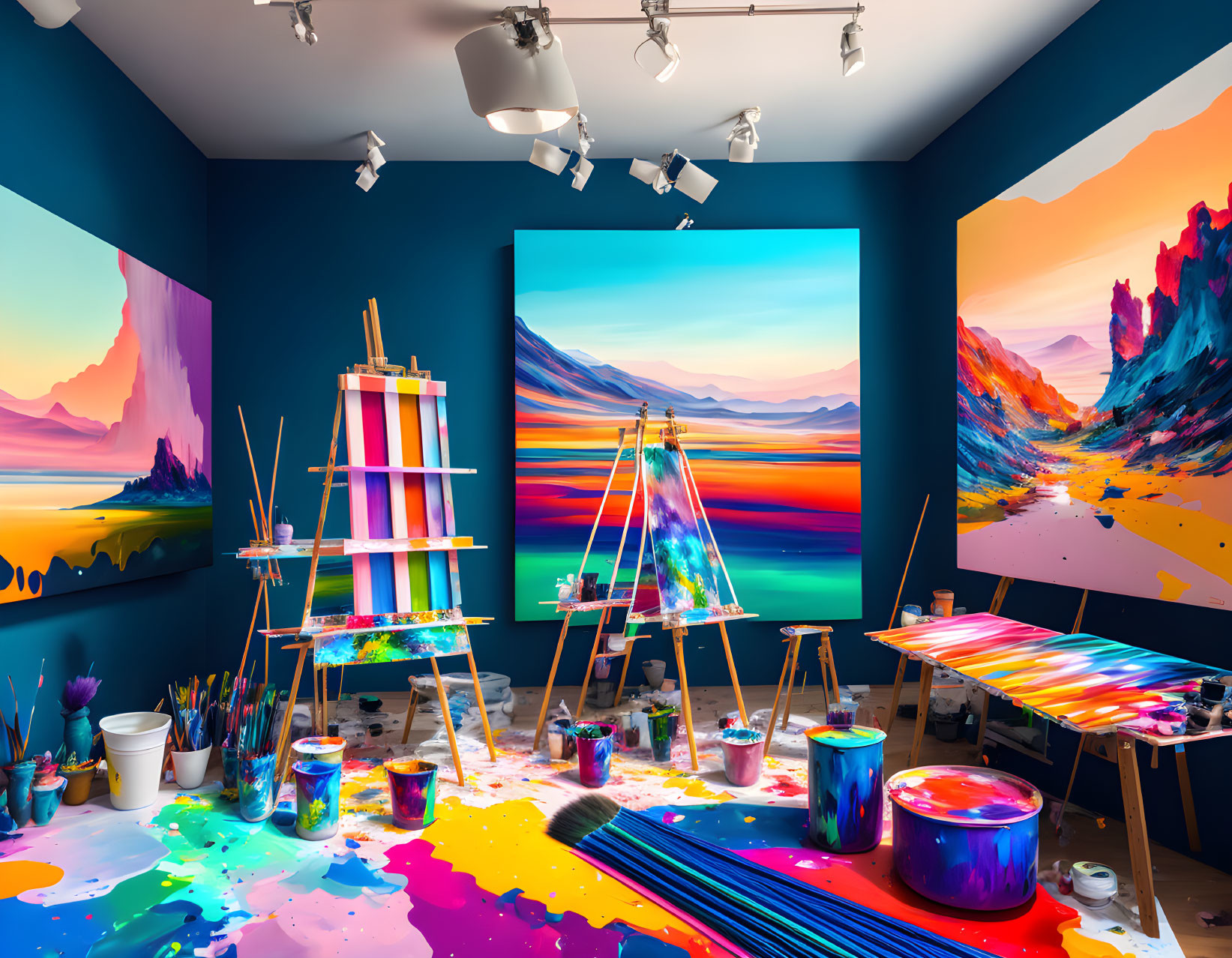 Colorful Landscape Paintings in Vibrant Artist's Studio