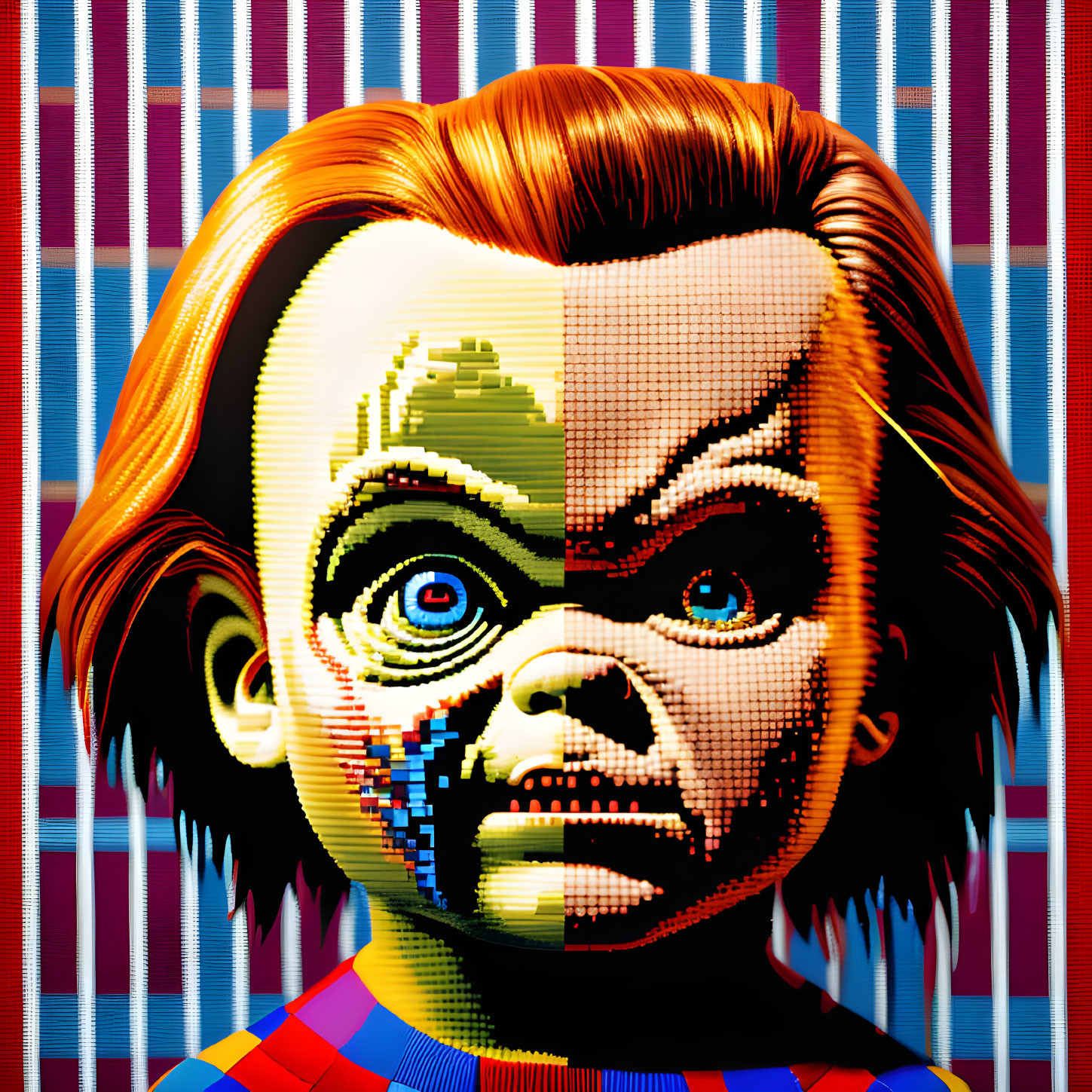 Colorful Pixelated Doll Face with Sinister Expression on Striped Background