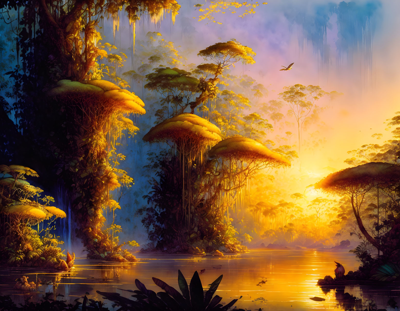 Mystical forest with oversized mushrooms and golden sunset reflections