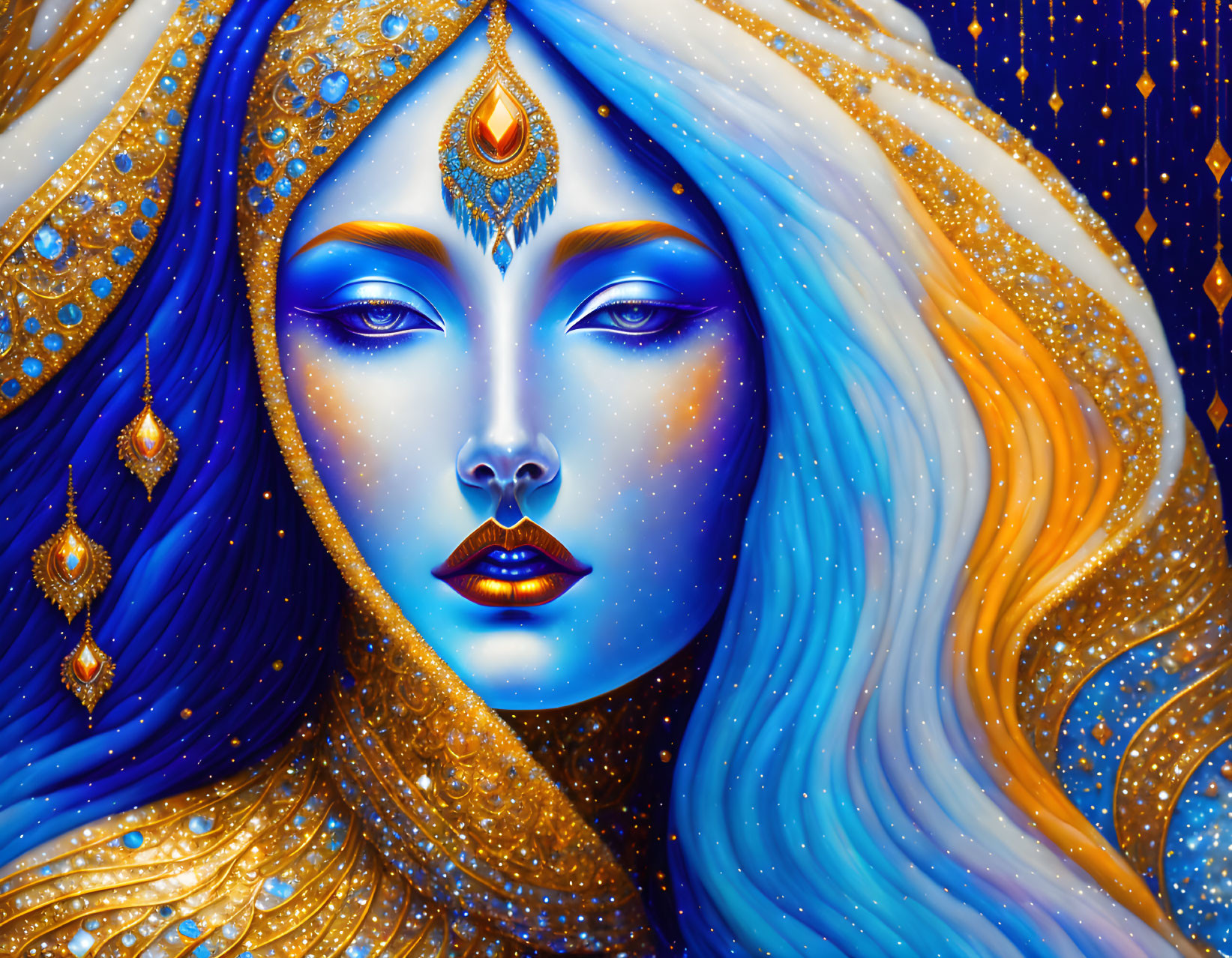 Colorful woman with blue skin and golden adornments in starry setting