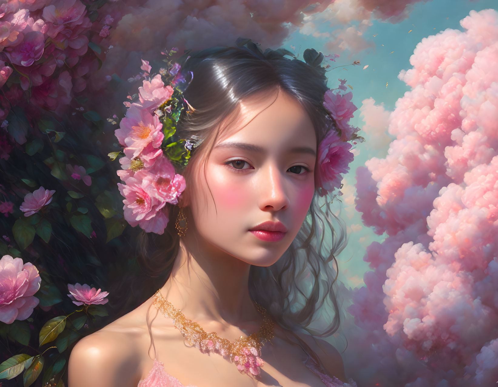 Young woman with flowers in hair in serene portrait amid pink blossoms and blue skies