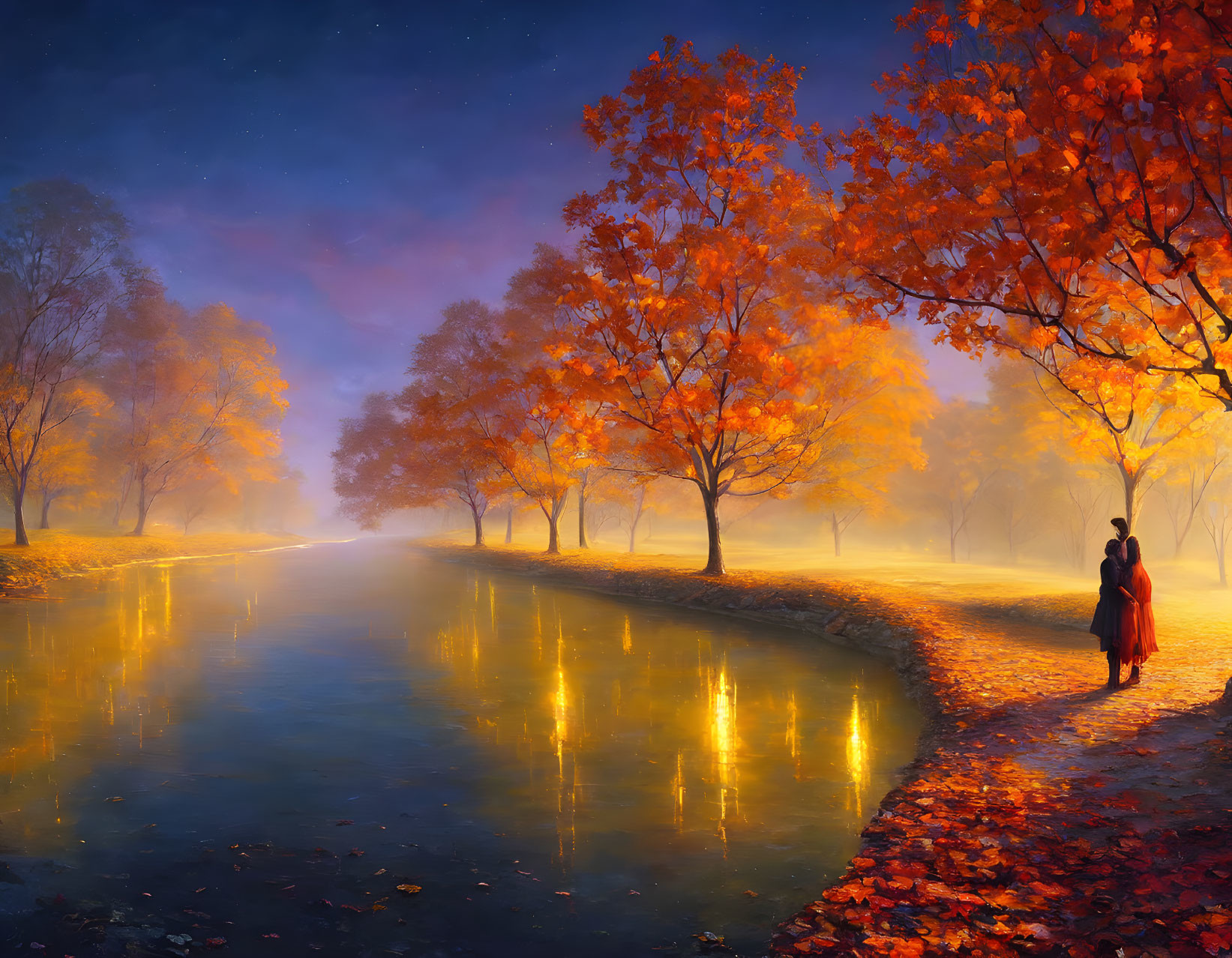 Couple by illuminated river with autumn trees at twilight