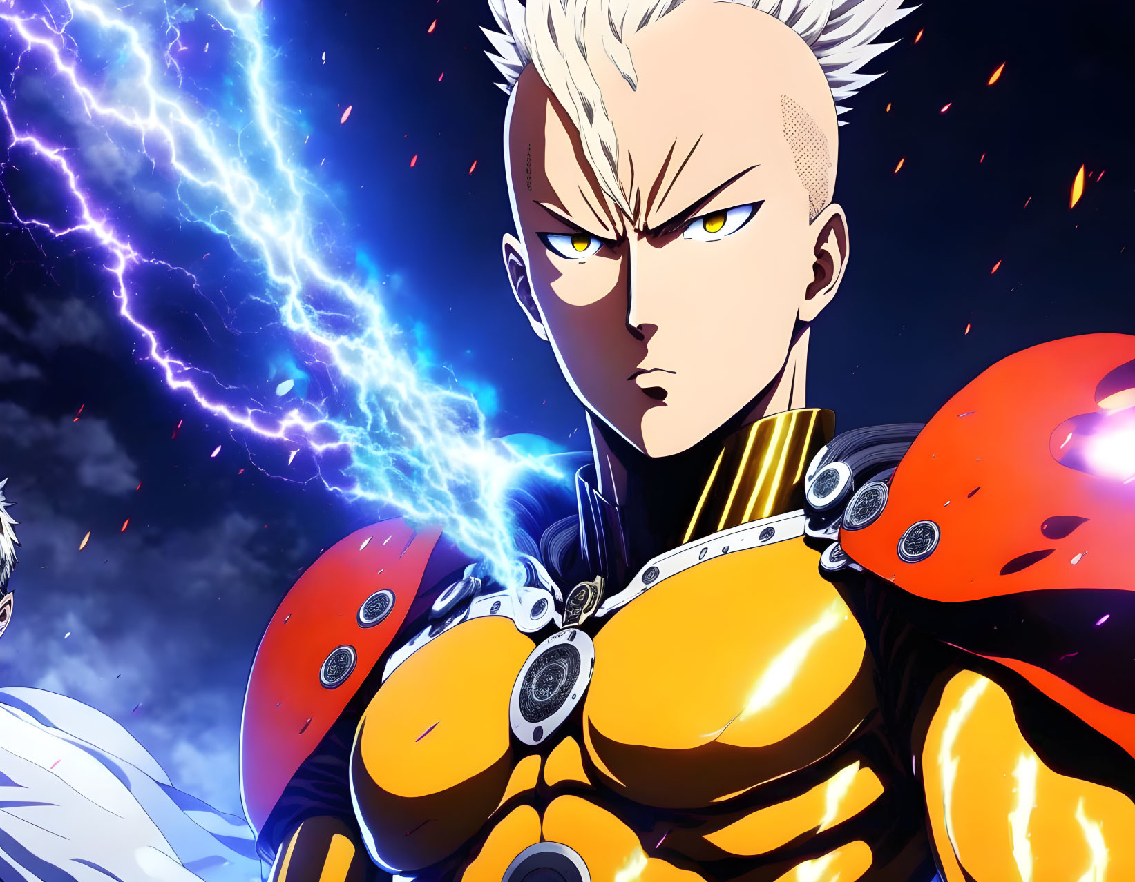 Bald anime character in red armor under stormy sky