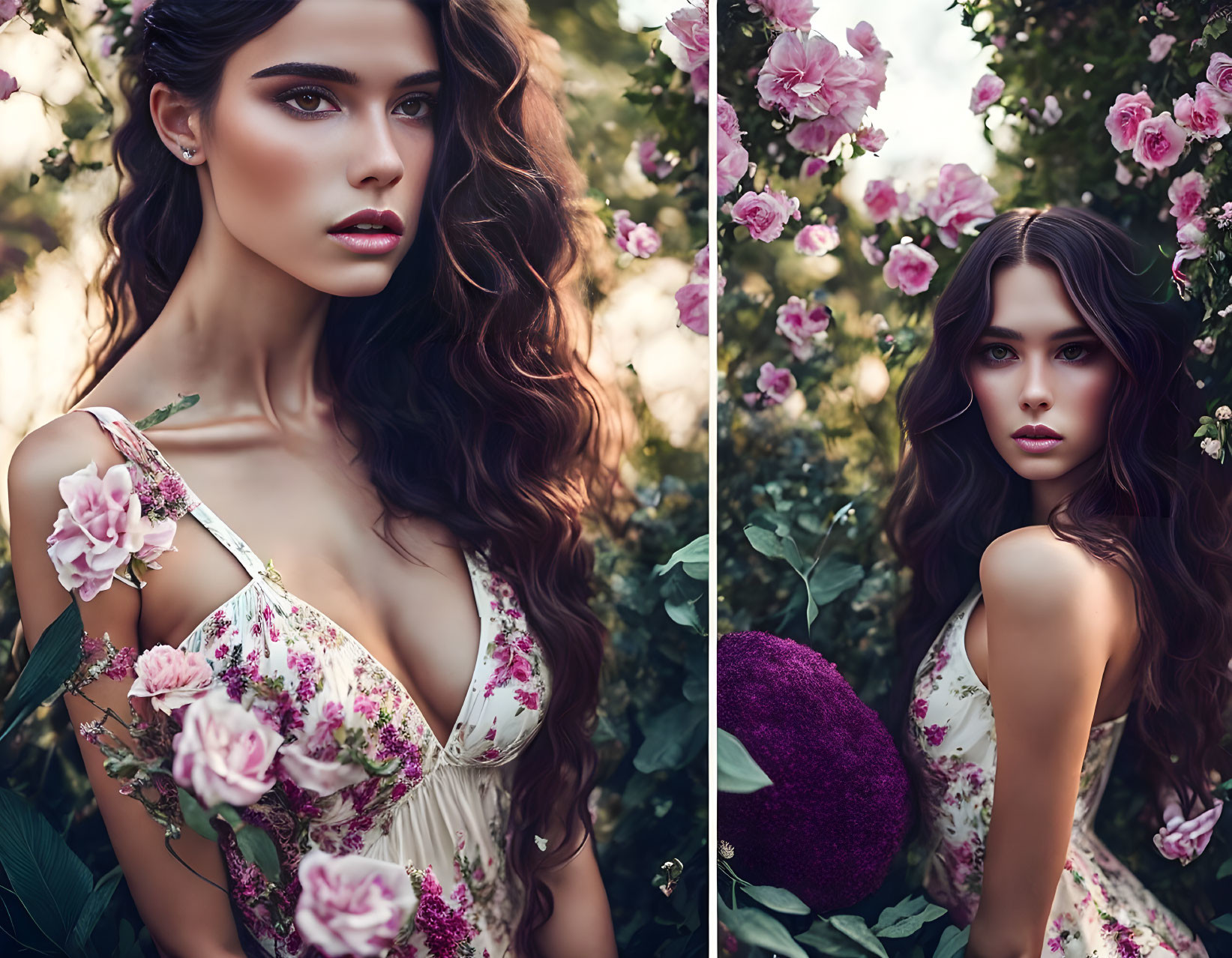 Long-Haired Woman in Floral Dress Among Pink Roses