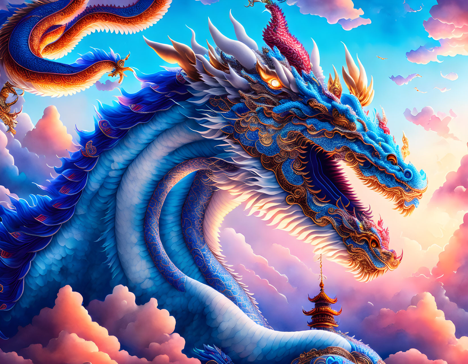 Colorful Asian-style dragon illustration with pagoda in vibrant sky