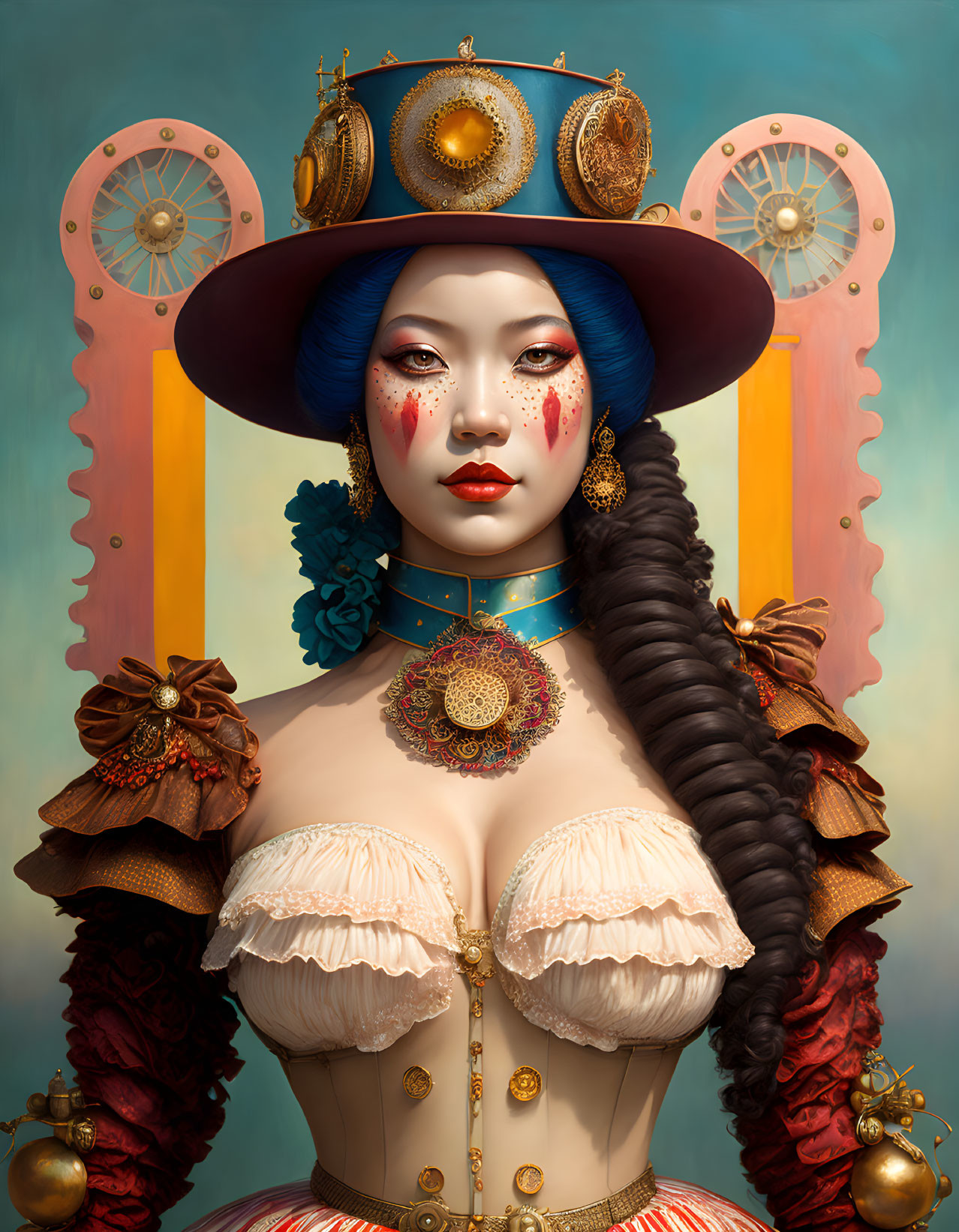 Steampunk-inspired digital art of woman with blue hair in ornate attire