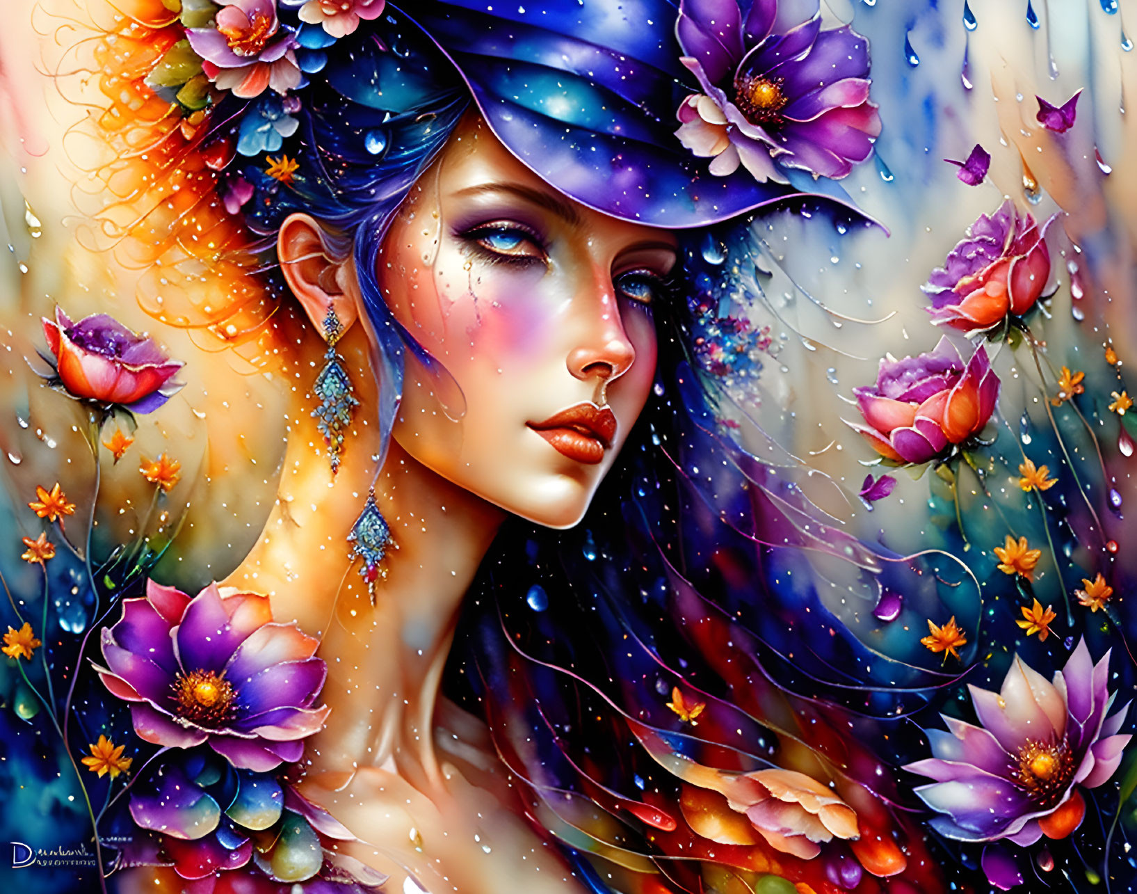 Colorful Woman Surrounded by Flowers and Petals in Rich Blues and Purples