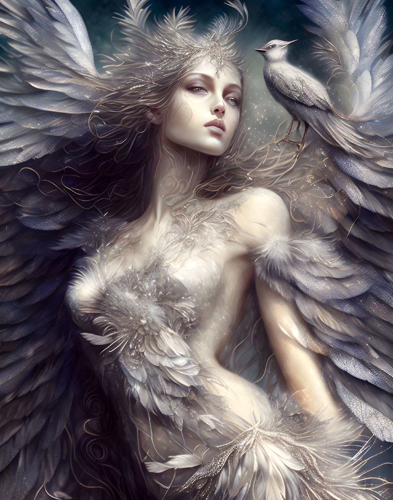 Fantastical image: Woman with angelic wings and bird-like feathers, small bird on shoulder