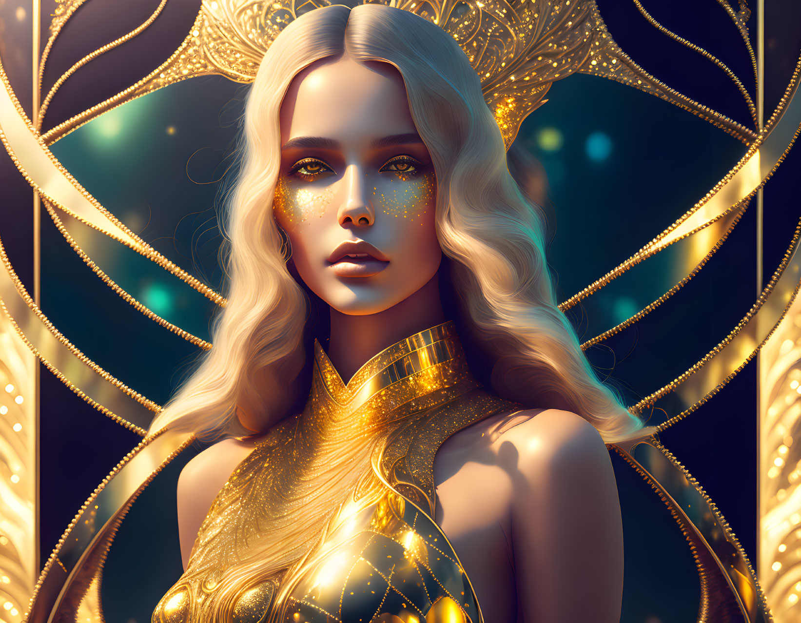 Golden-hued ethereal woman with intricate adornments in a divine setting