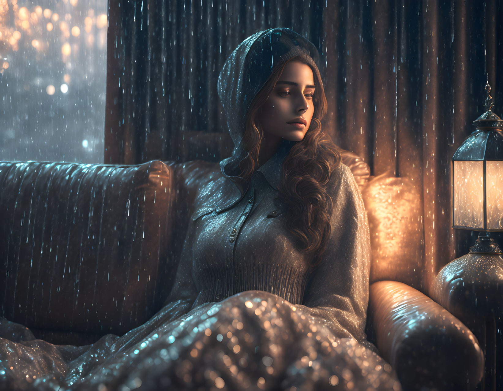 Serene woman with lantern by raindrop-covered window