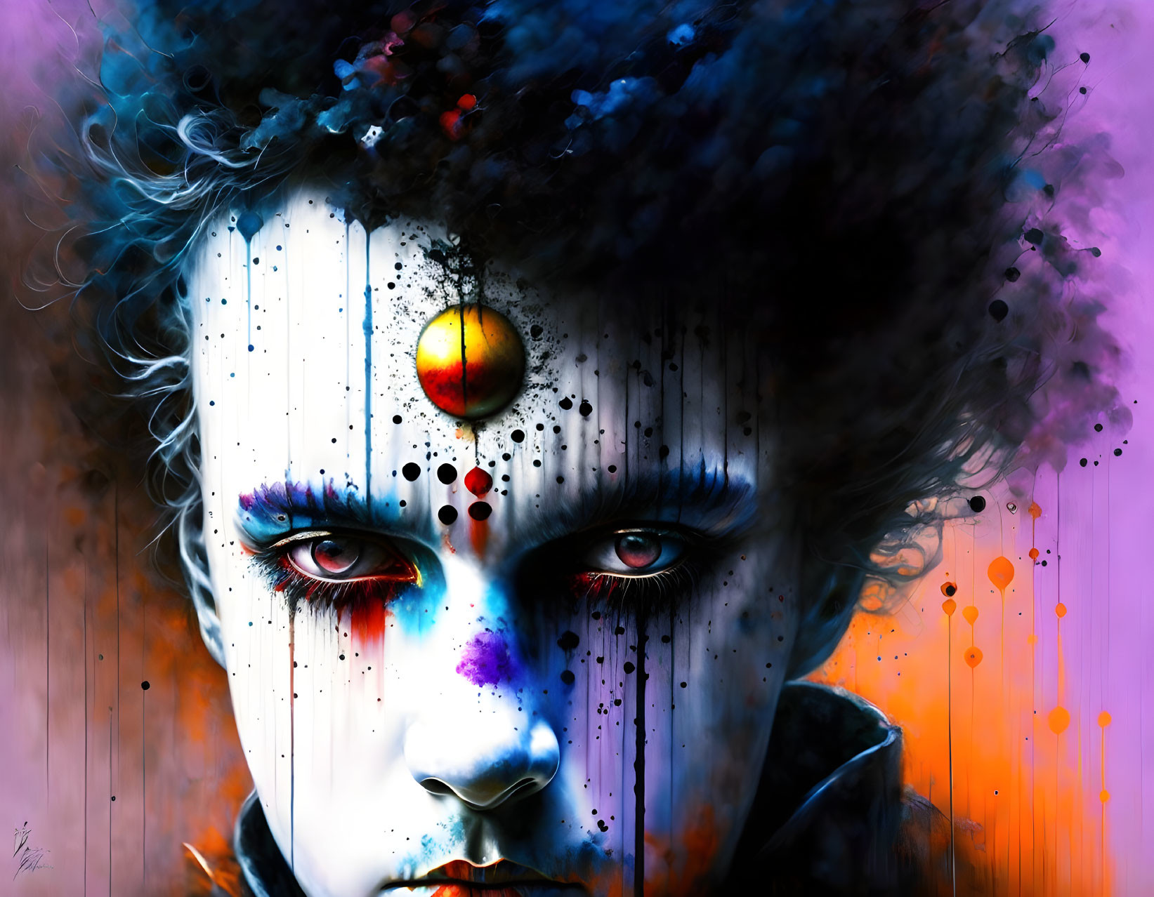 Colorful digital artwork of humanoid figure with blue eyes and orange orb.