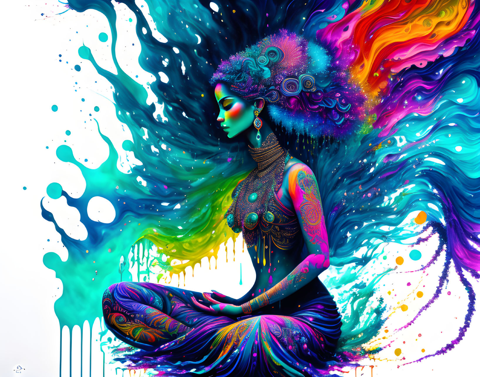 Colorful digital artwork: Meditating woman with psychedelic patterns.