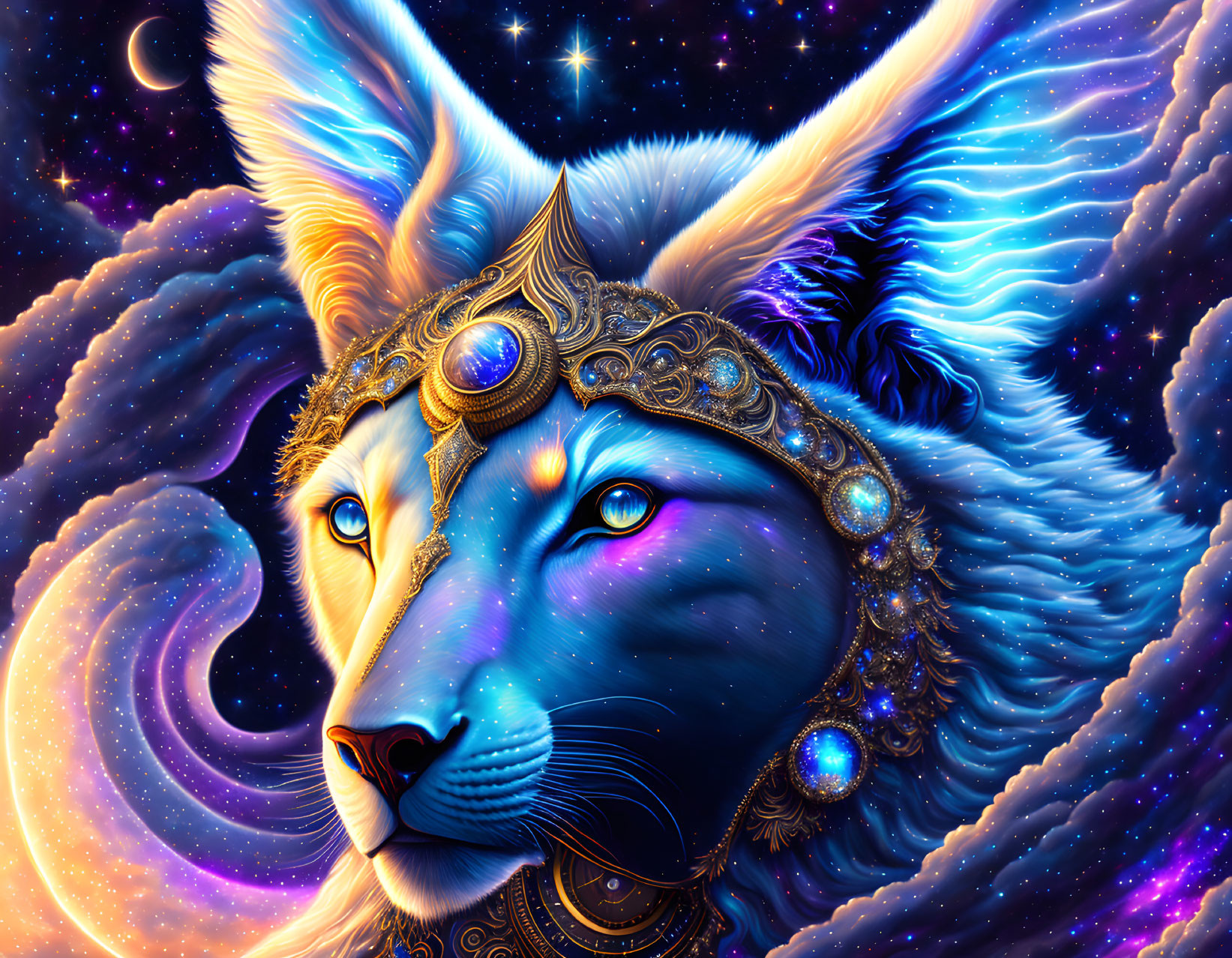 Colorful Cosmic Fox with Ornate Markings in Starry Space Scene